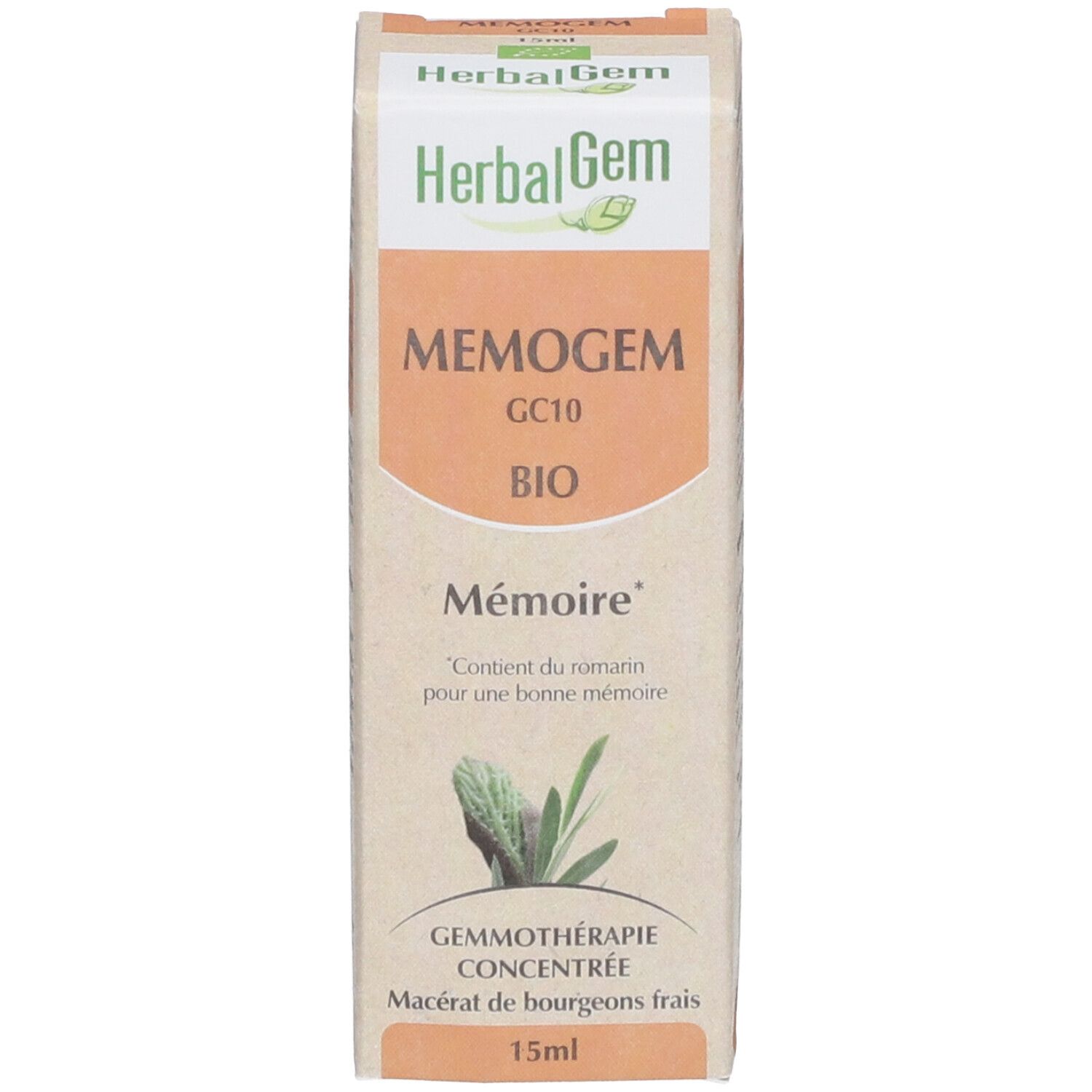Carton avec nom du produit, marque et image. Flacon avec bouchon blanc à côté. Carton debout.