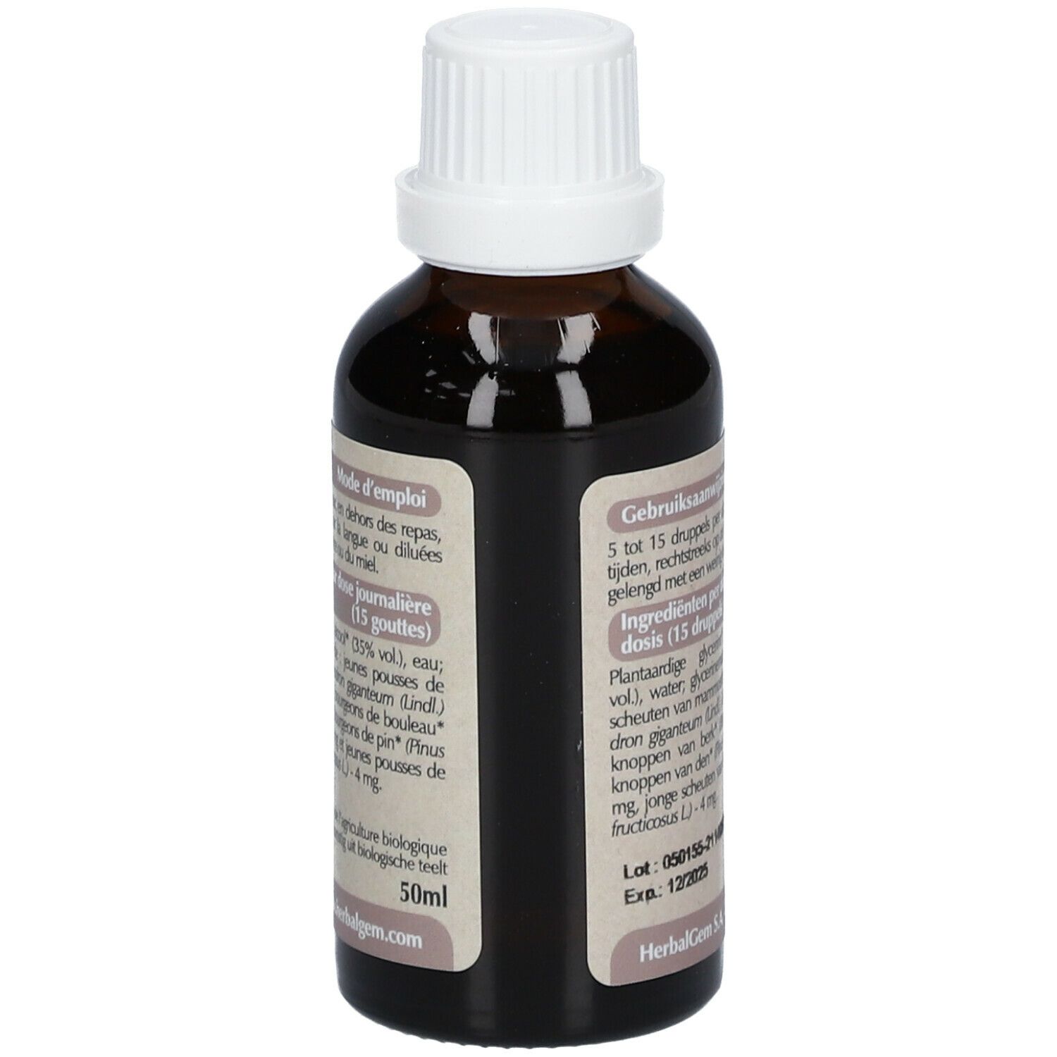 Flacon en verre brun avec bouchon blanc. Étiquette avec informations produit et dosage.