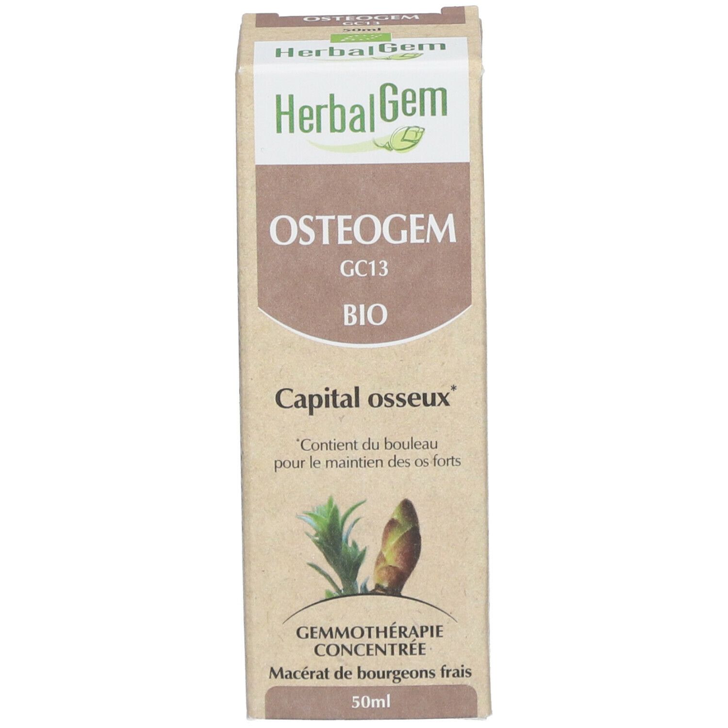 Emballage en carton avec nom du produit et illustration de bourgeons. Contient 50ml.