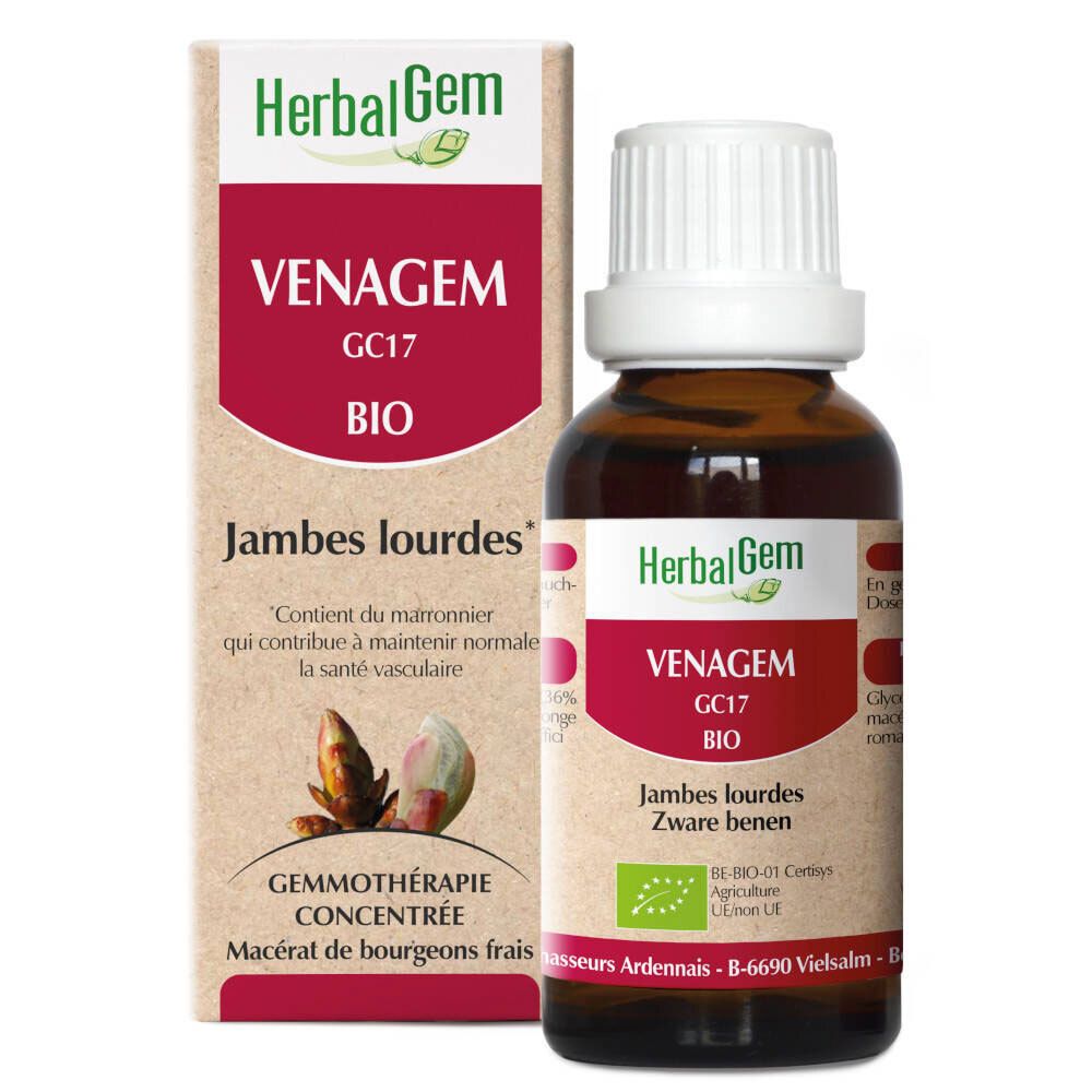 Flacon en verre brun avec bouchon blanc et étiquette rouge. L'étiquette indique "HerbalGem Venagem GC17 BIO".