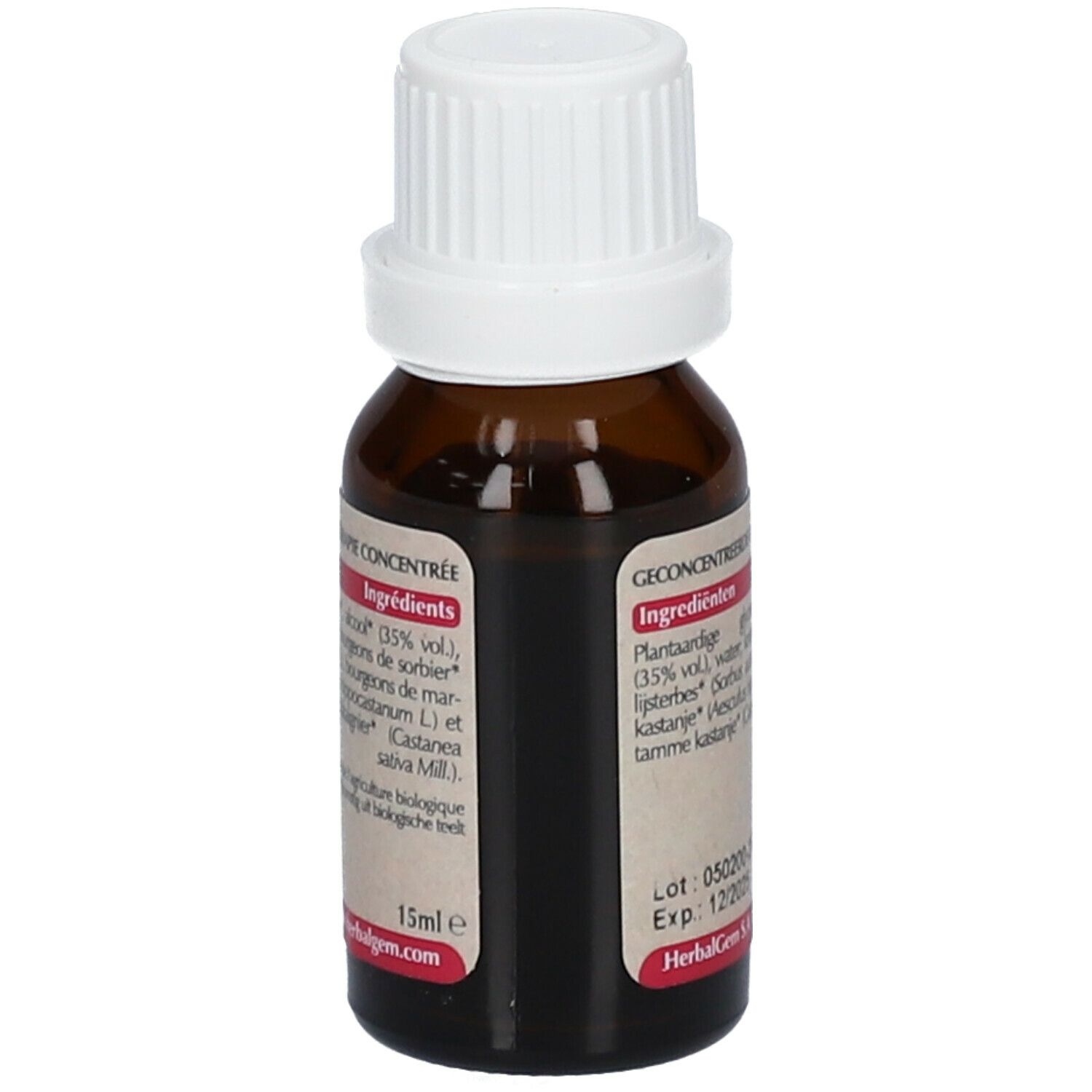 Flacon en verre brun avec bouchon blanc. Étiquette avec ingrédients et texte en français et néerlandais. 15ml e.