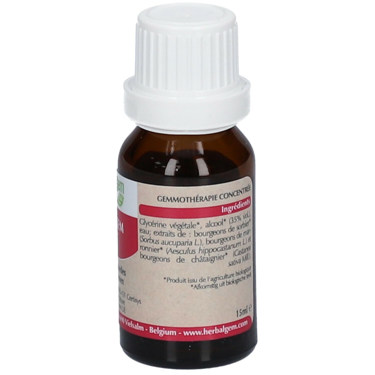 Flacon en verre brun avec bouchon blanc. Étiquette avec ingrédients et texte en français et néerlandais. 15ml e.