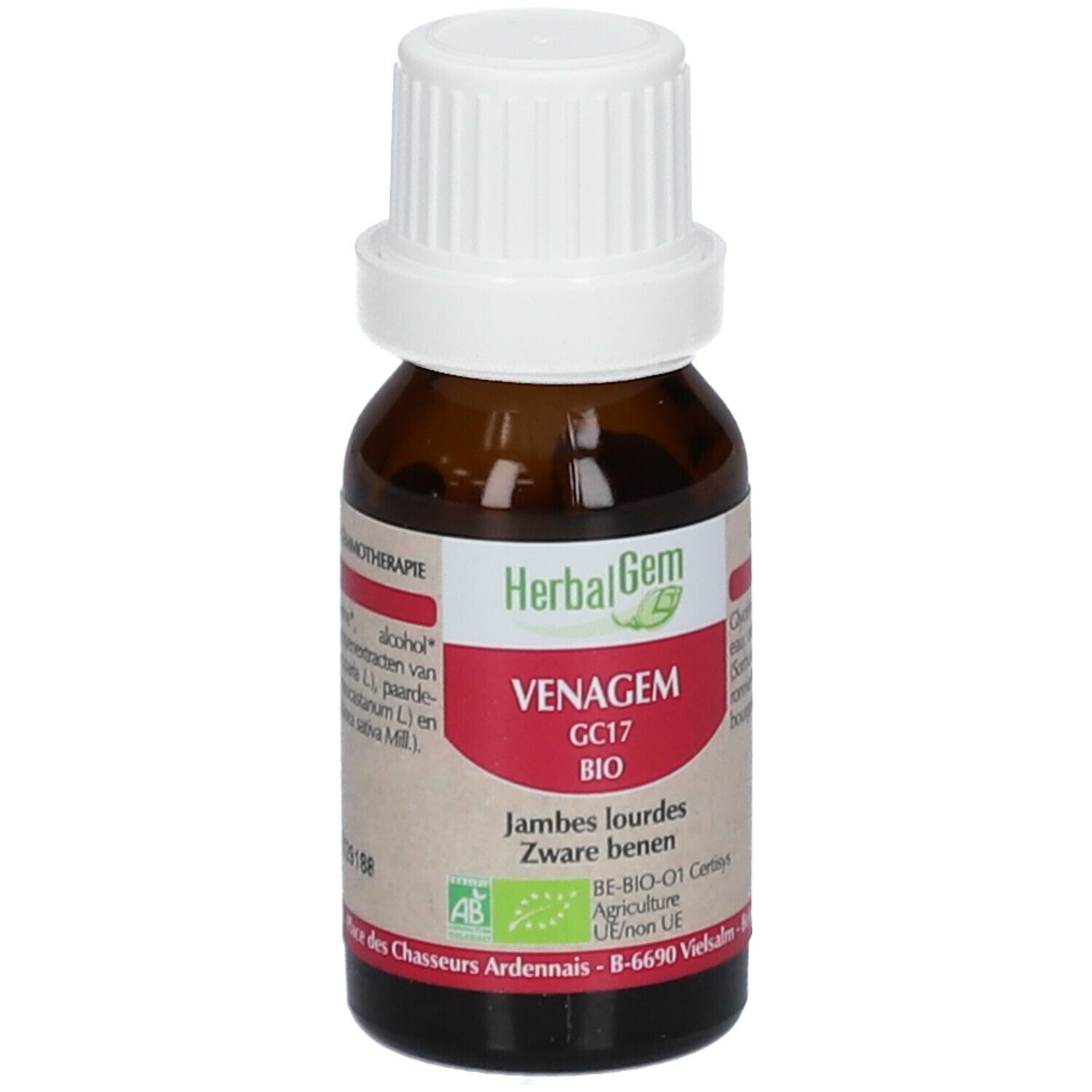 Flacon en verre brun avec bouchon blanc. Étiquette avec HerbalGem, VENAGEM, GC17 BIO. Texte en français et néerlandais.