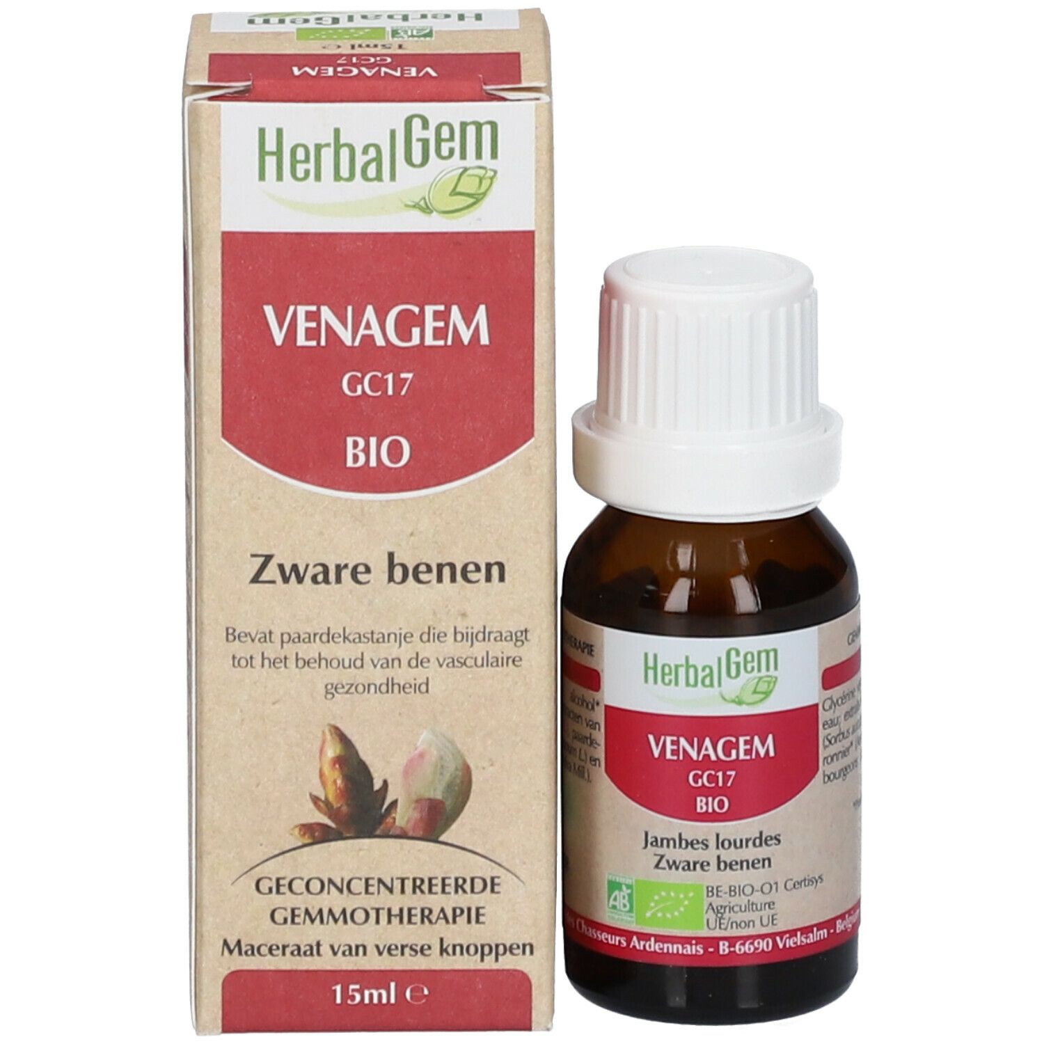 Flacon en verre brun avec bouchon blanc et carton. Carton avec HerbalGem, VENAGEM, GC17 BIO. Texte en néerlandais. 15ml e.