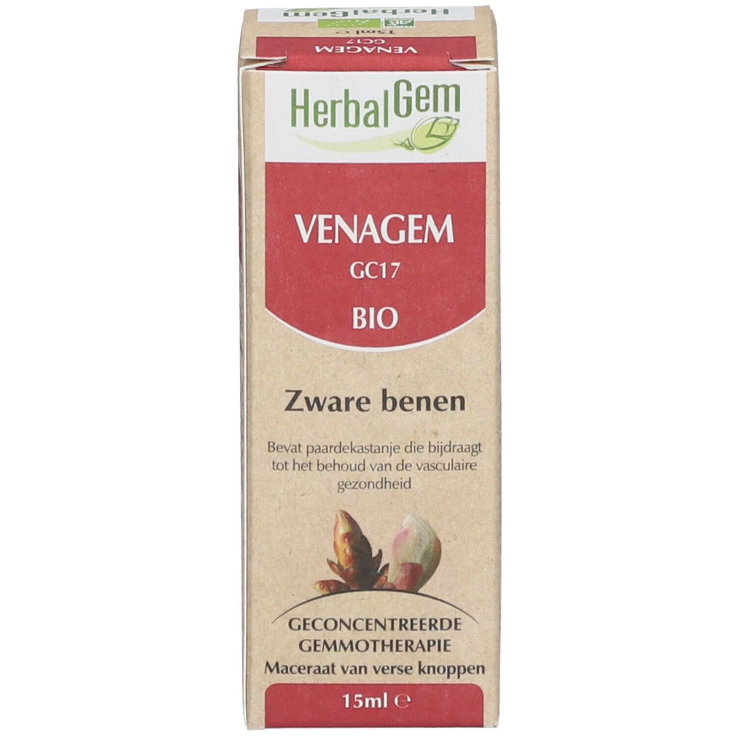 Carton avec HerbalGem, VENAGEM, GC17 BIO. Texte en néerlandais. Illustration de bourgeons. 15ml e.