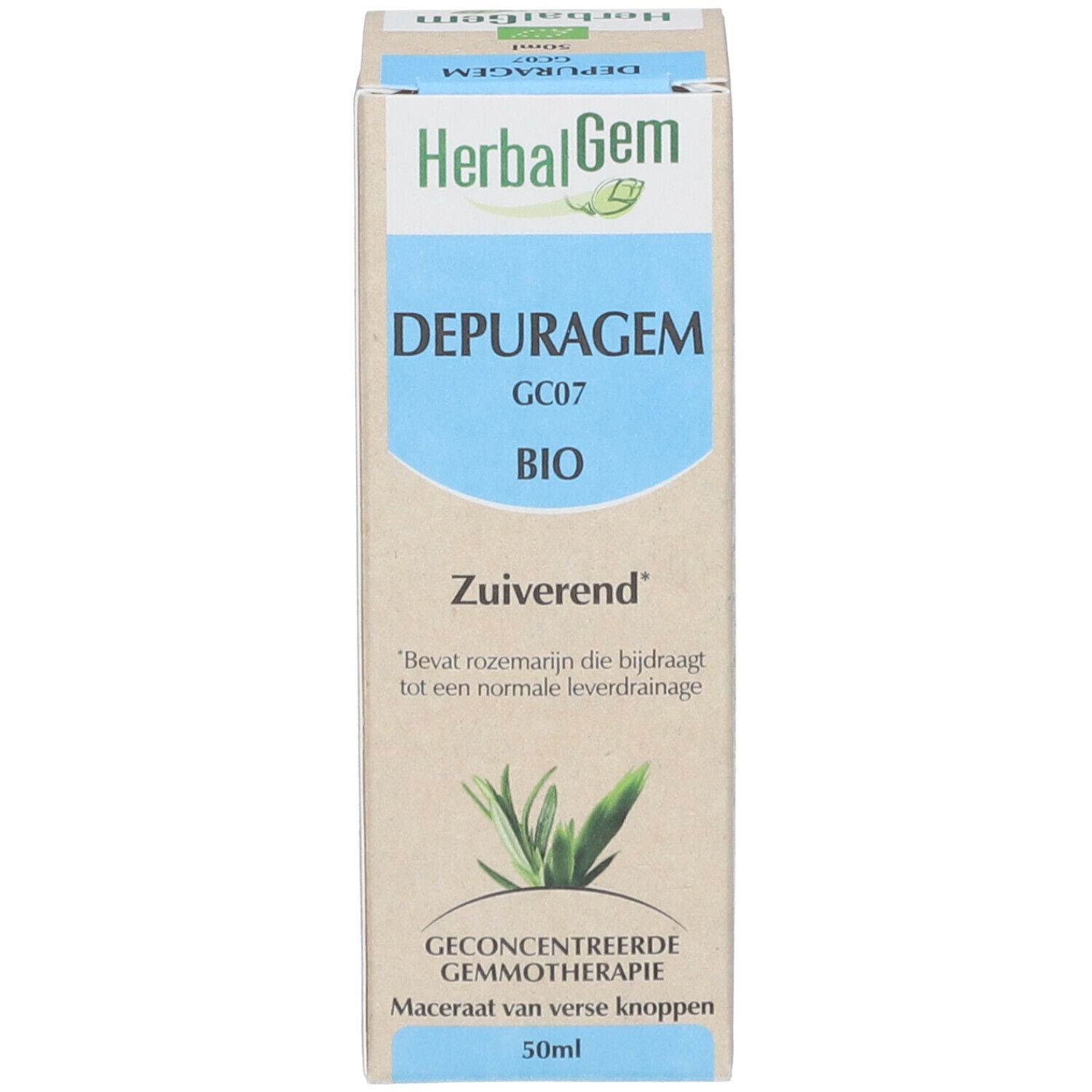 Productverpakking. Doos met productnaam, logo en bio-keurmerk.