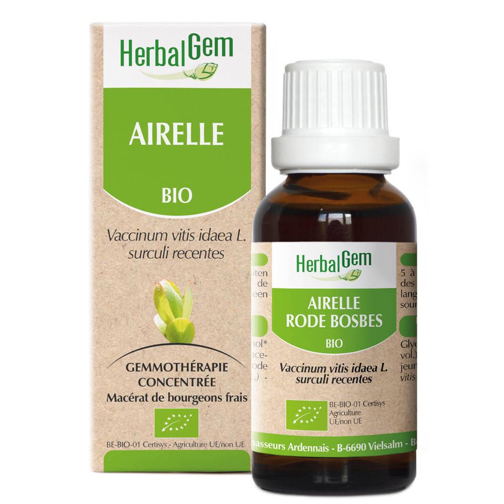 Flacon en verre brun, bouchon blanc, et boîte. Inscription: HerbalGem Airelle BIO. Certification.