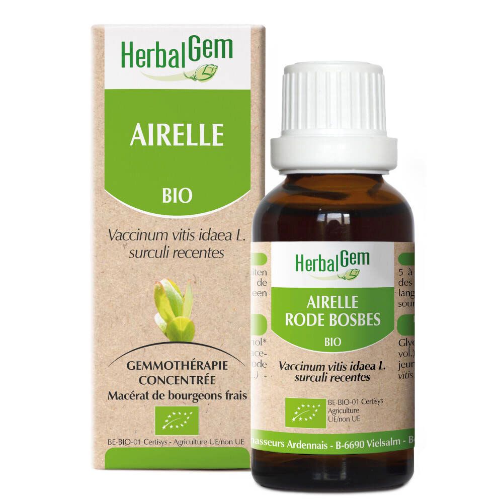 Flacon en verre brun et étui Herbalgem. Inscription: Airelle Bio, Gemmothérapie concentrée. Label AB. Contient 50ml.