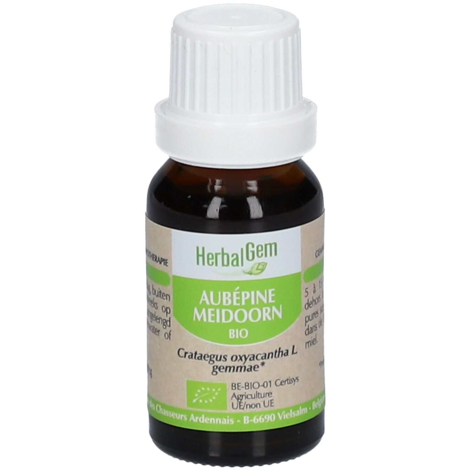 Flacon en verre brun avec bouchon blanc. Étiquette verte et blanche. Texte: HerbalGem Aubépine Meidoorn BIO. Certifié BIO.
