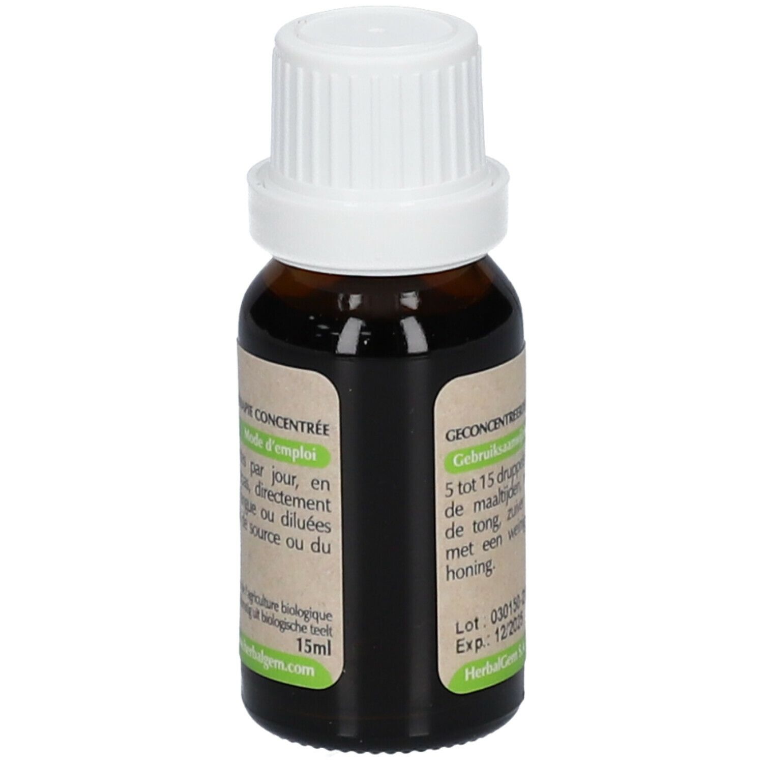 Flacon en verre brun avec bouchon blanc. Étiquette avec texte et éléments verts. Texte: Mode d'emploi, 15ml, Herbalgem.com.