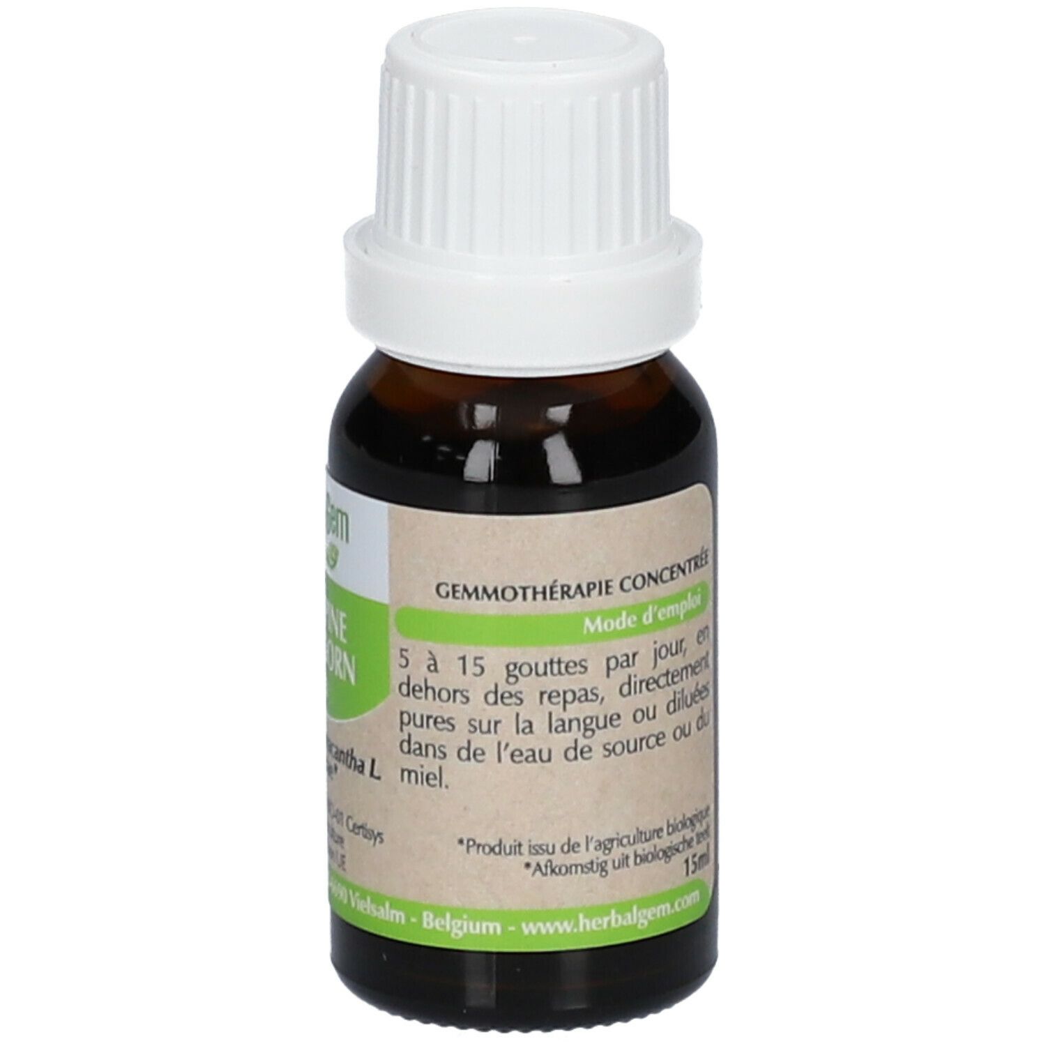 Flacon en verre brun avec bouchon blanc. Étiquette avec texte et éléments verts. Texte: Gemmothérapie concentrée, 15ml.