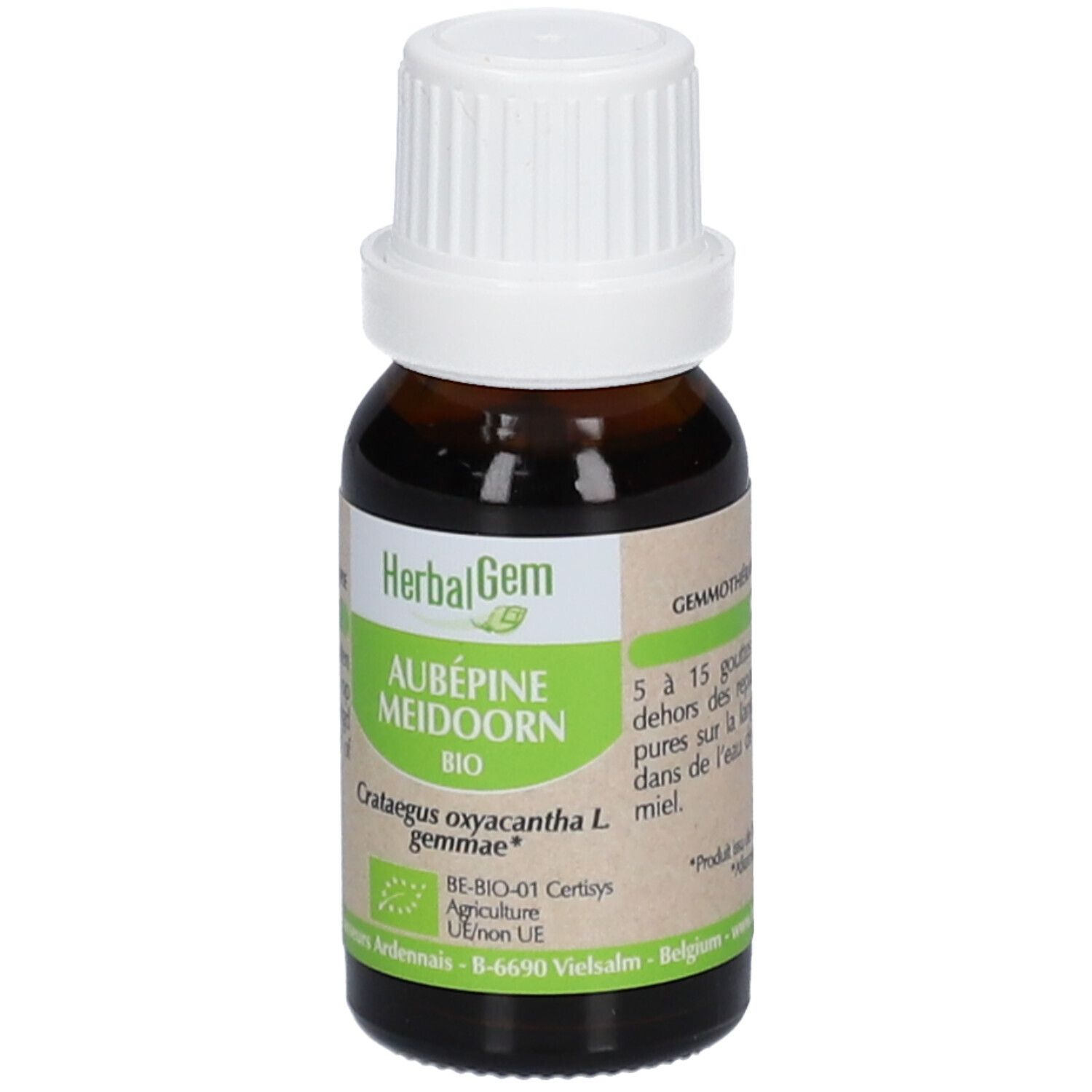 Flacon en verre brun avec bouchon blanc. Étiquette avec texte et éléments verts. Texte: HerbalGem Aubépine Meidoorn BIO. Certifié BIO.