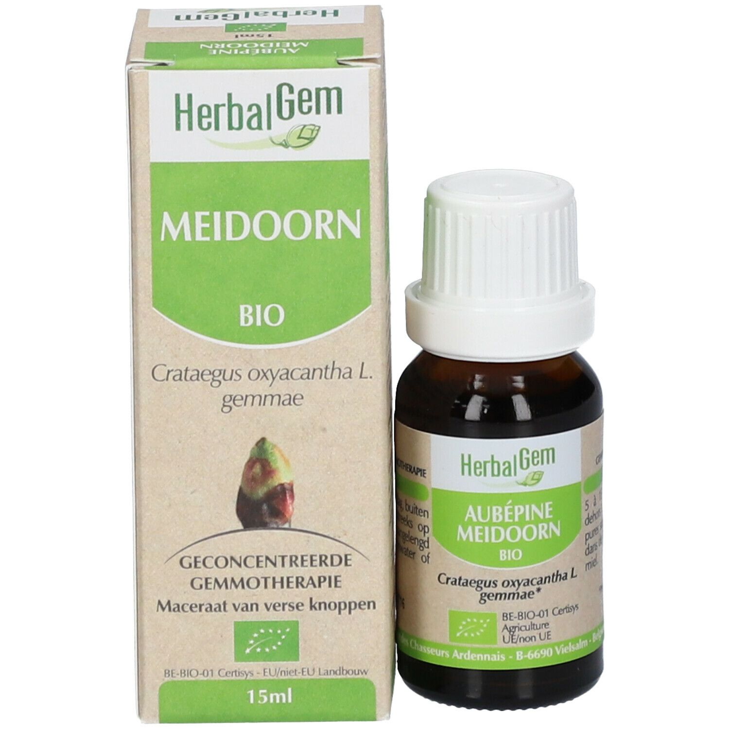 Flacon en verre brun et boîte en carton. Sur la boîte: HerbalGem Meidoorn BIO. Sur le flacon: HerbalGem Aubépine Meidoorn BIO.