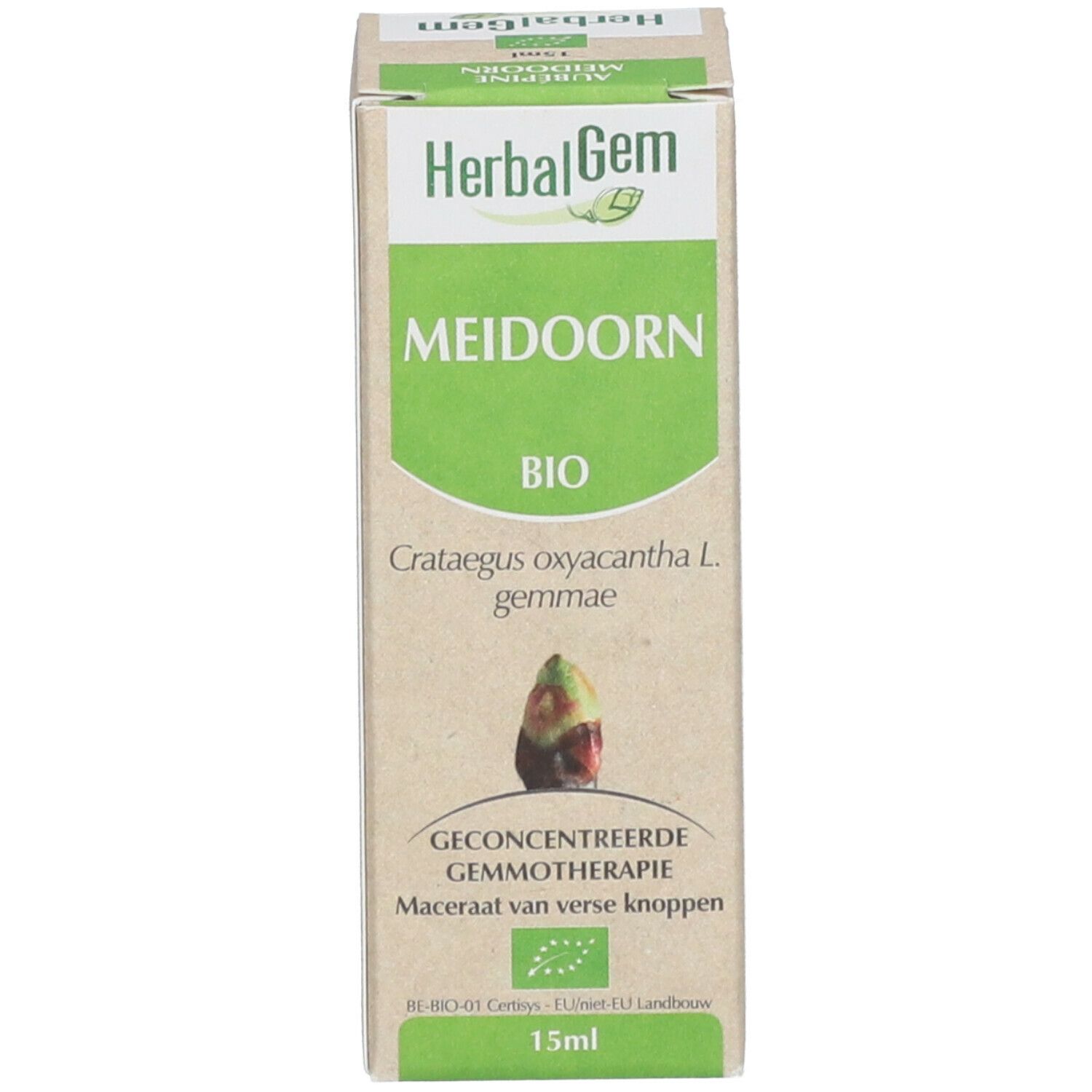 Boîte en carton avec éléments verts et blancs. Texte: HerbalGem Meidoorn BIO. Gemmothérapie, 15ml.
