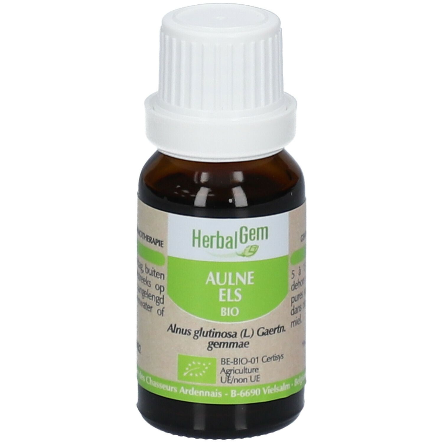 Flacon en verre brun avec bouchon blanc. Étiquette HerbalGem, Aulne ELS BIO, et autres informations.