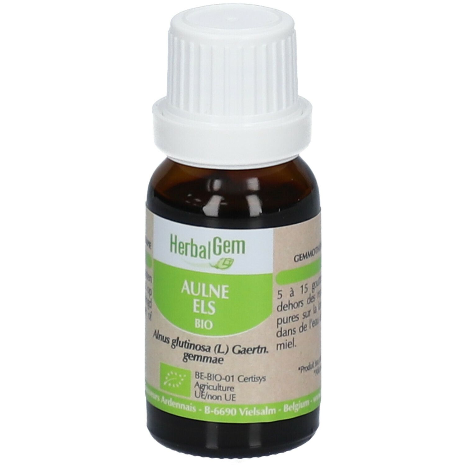 Flacon en verre brun avec bouchon blanc. Étiquette HerbalGem, Aulne ELS BIO, et autres informations.