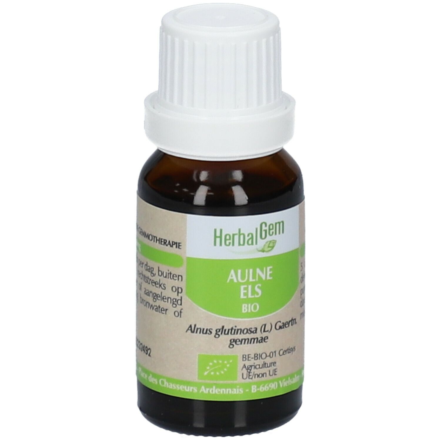 Flacon en verre brun avec bouchon blanc. Étiquette HerbalGem, Aulne ELS BIO, et autres informations.