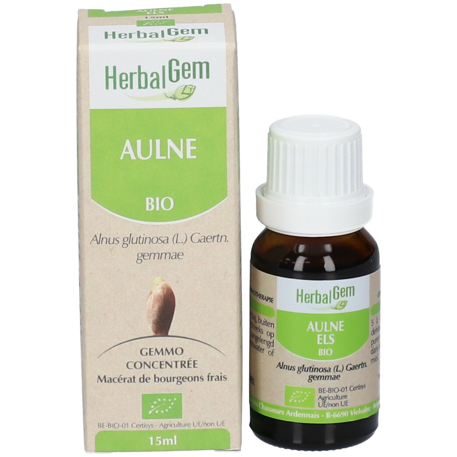 Flacon brun et boîte. Sur la boîte: HerbalGem, Aulne BIO. Flacon avec bouchon blanc.