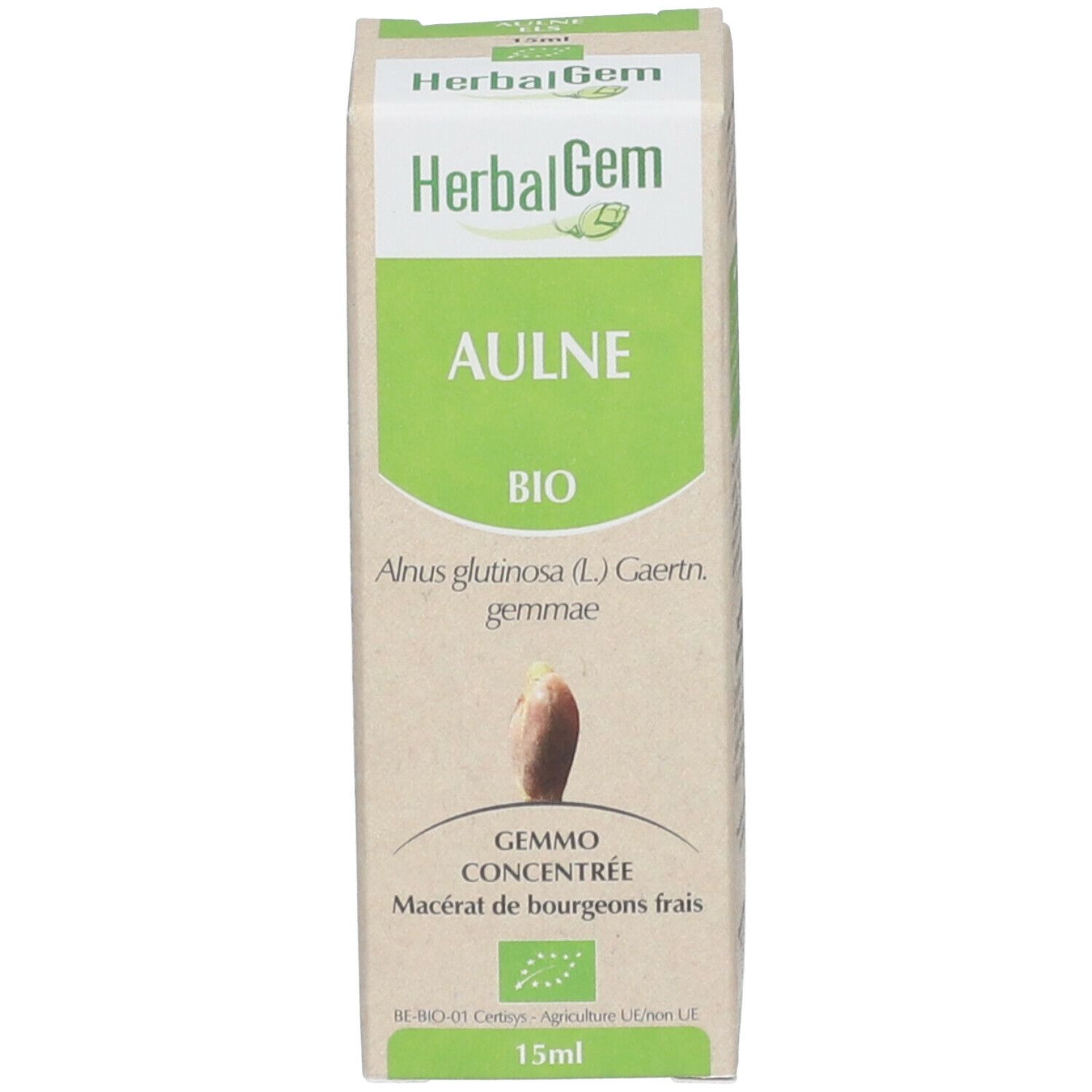 Boîte avec HerbalGem, Aulne BIO. Impression: Gemmo concentré, Macérat de bourgeons frais. 15ml.