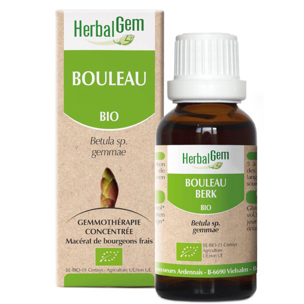 Flacon en verre brun avec bouchon blanc et étiquette. Boîte en carton avec informations produit.
