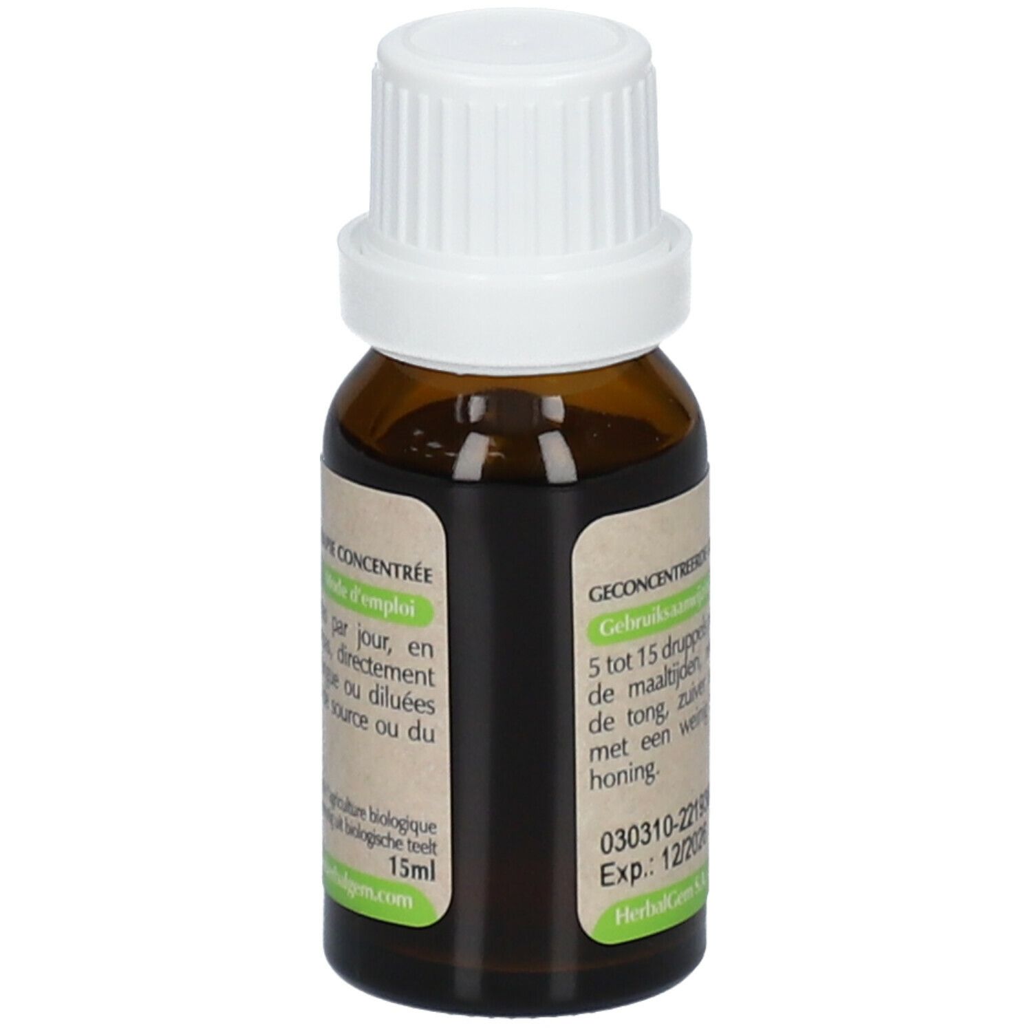 Flacon en verre brun avec bouchon blanc. Étiquette avec texte: 15ml, Exp. 12/2026. Certification. Instructions au dos.