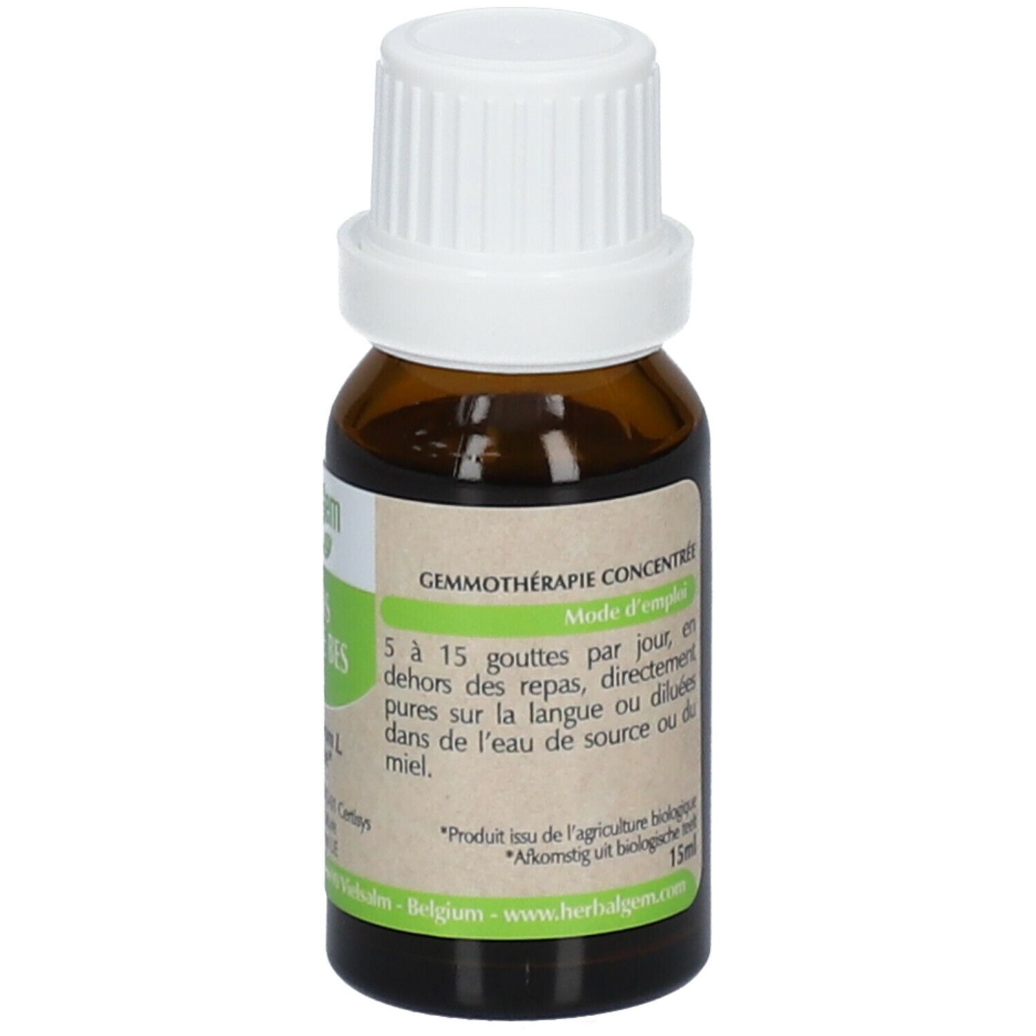 Flacon en verre brun avec bouchon blanc. Étiquette avec texte: Mode d'emploi, 15ml. Certification. Instructions au dos.