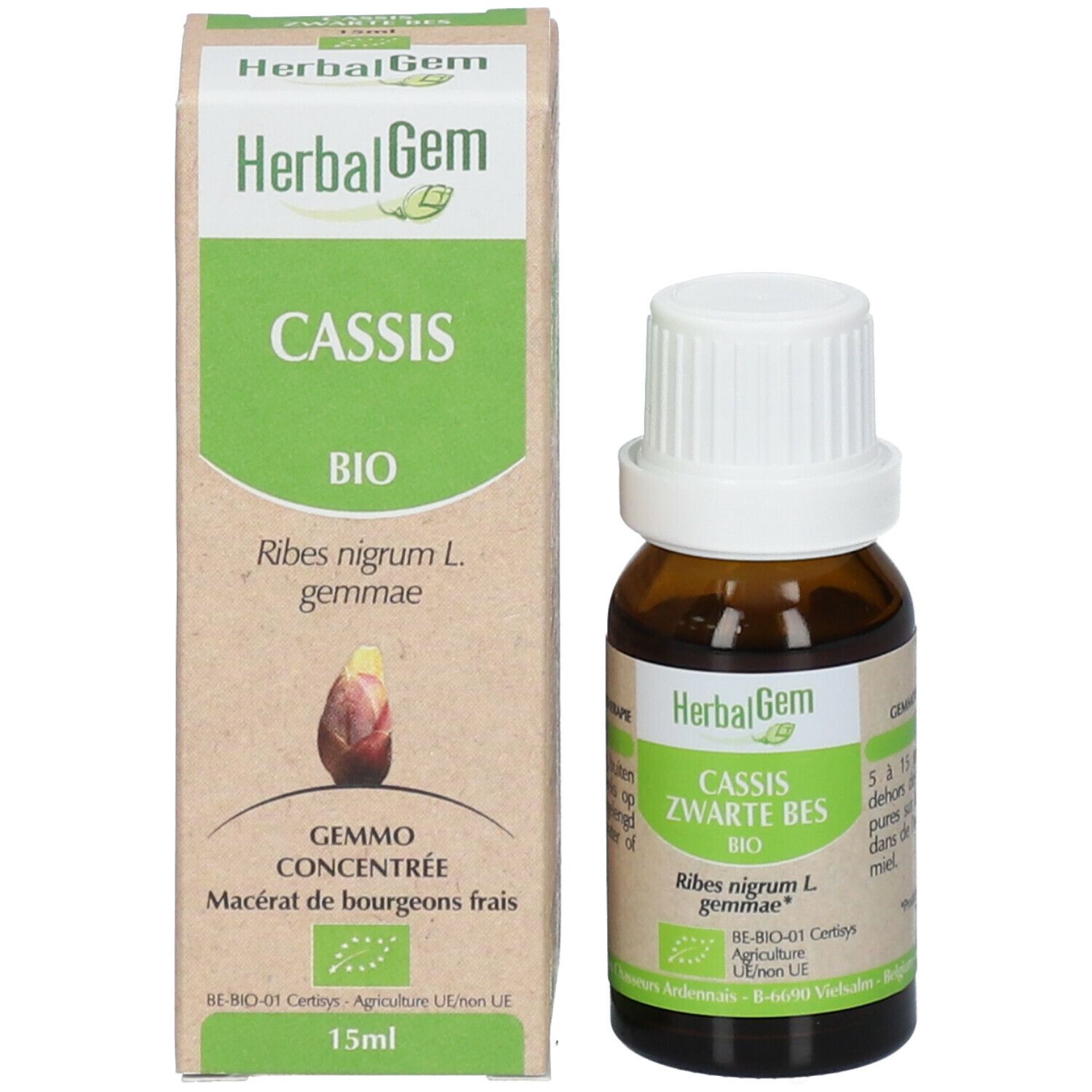 Flacon en verre brun avec bouchon blanc à côté d'une boîte. Boîte avec texte: Cassis, BIO, 15ml. Certification.