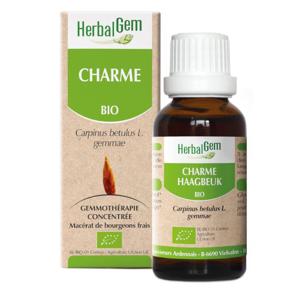 Flacon en verre brun et bouchon blanc, avec boîte. Inscription: HerbalGem Charme Bio. Certification: AB-BIO-01 Certisys.
