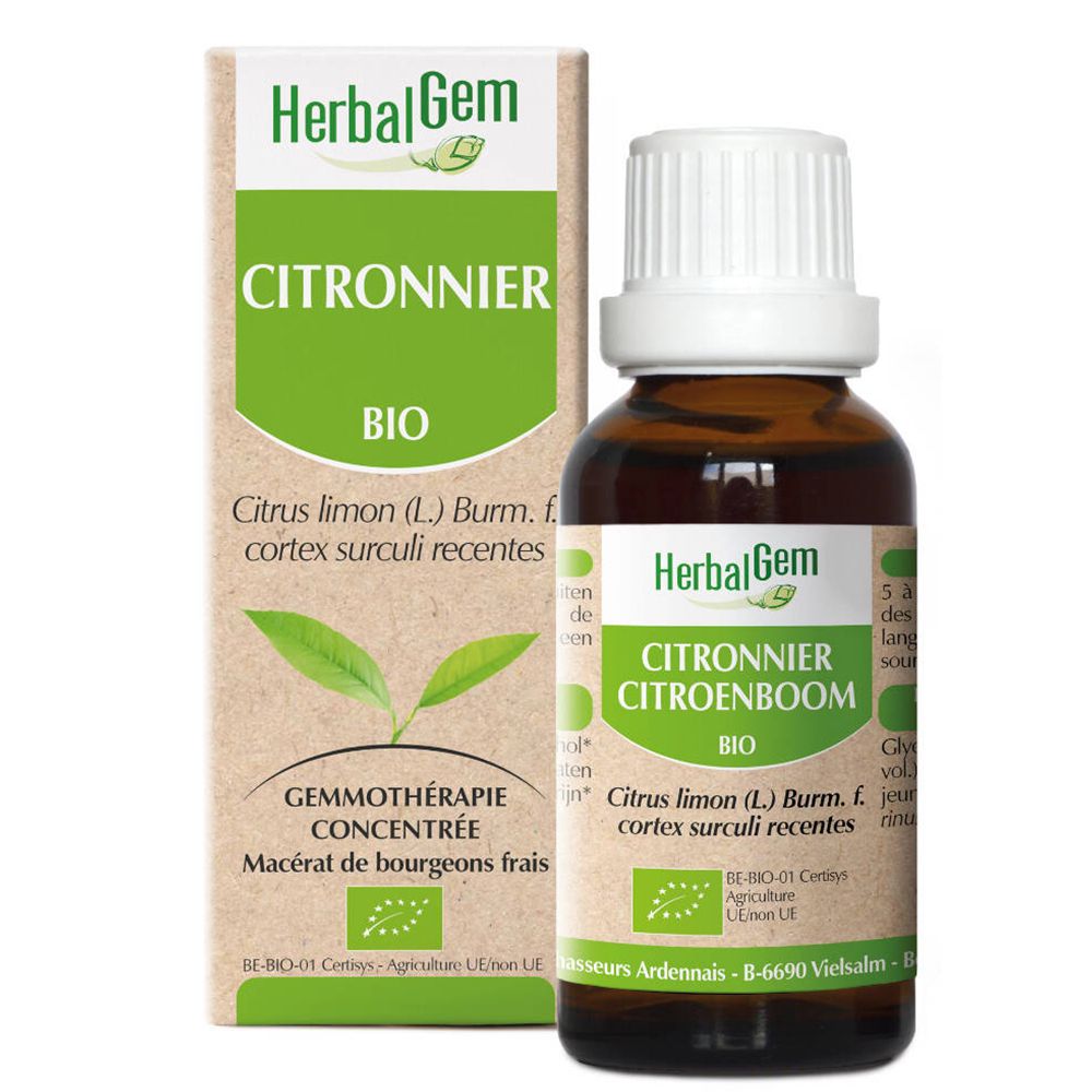 Braune Glasflasche mit weißem Verschluss und Karton. Aufschrift: HerbalGem Zitronenbaum Bio. Bio-Zertifizierung.