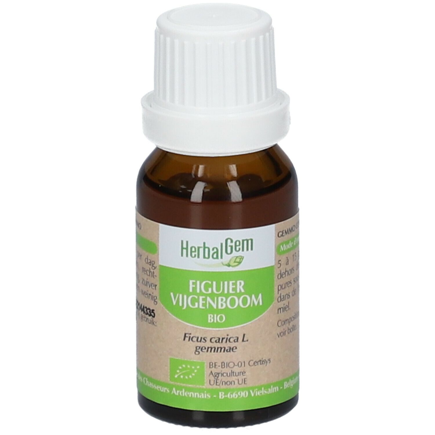 Flacon en verre brun avec bouchon blanc. Étiquette HerbalGem et nom du produit. Certification bio.