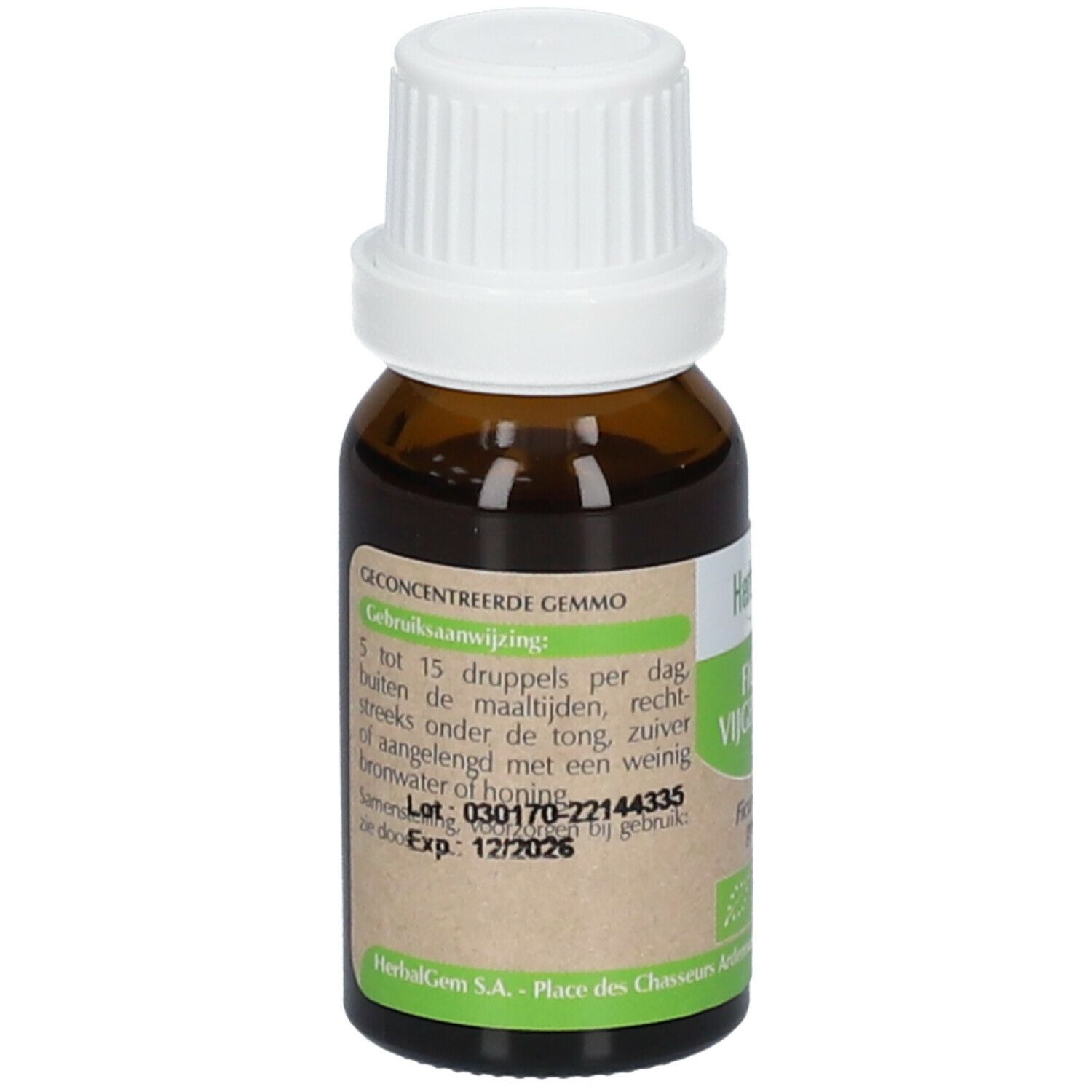 Flacon en verre brun avec bouchon blanc. Étiquette HerbalGem et informations produit. Certification bio.