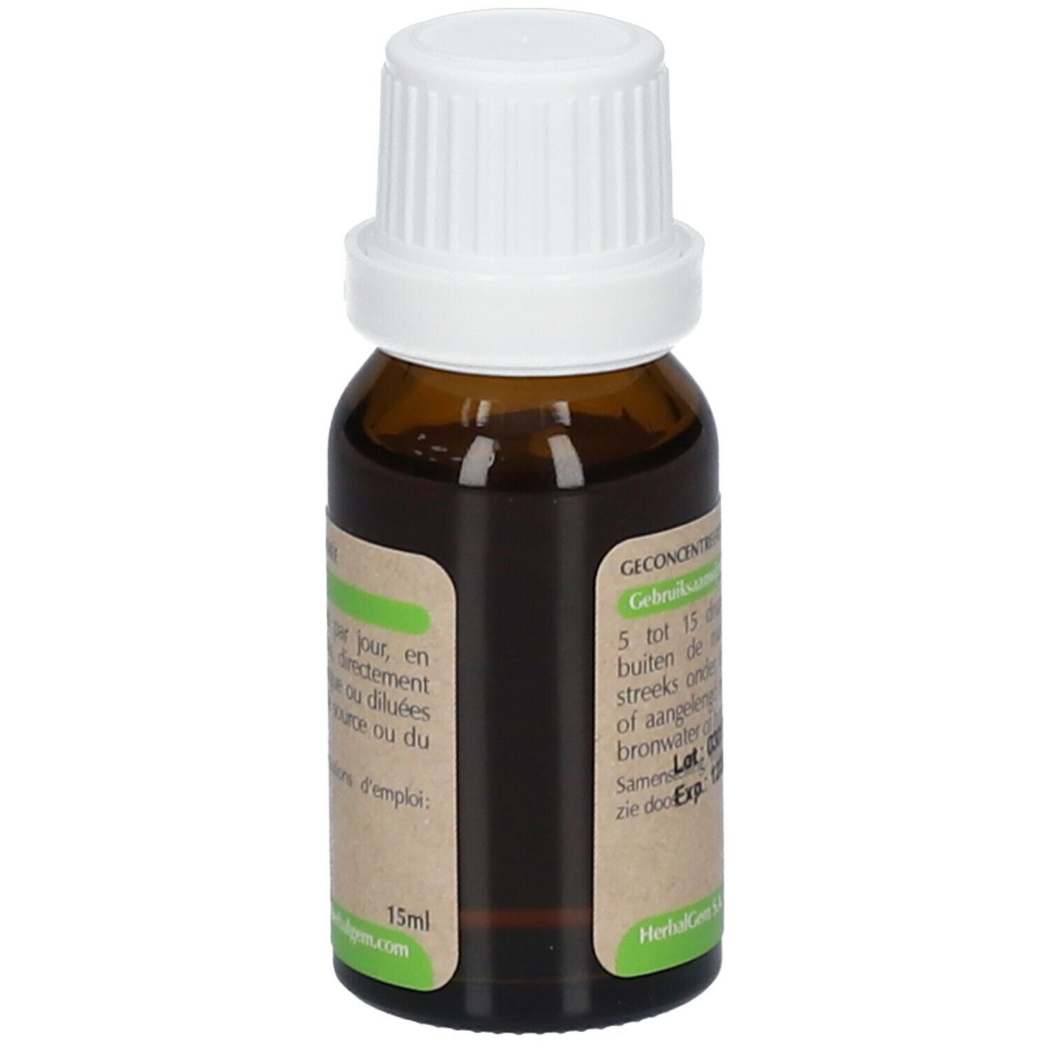 Flacon en verre brun avec bouchon blanc. Étiquette HerbalGem et informations produit. 15ml.