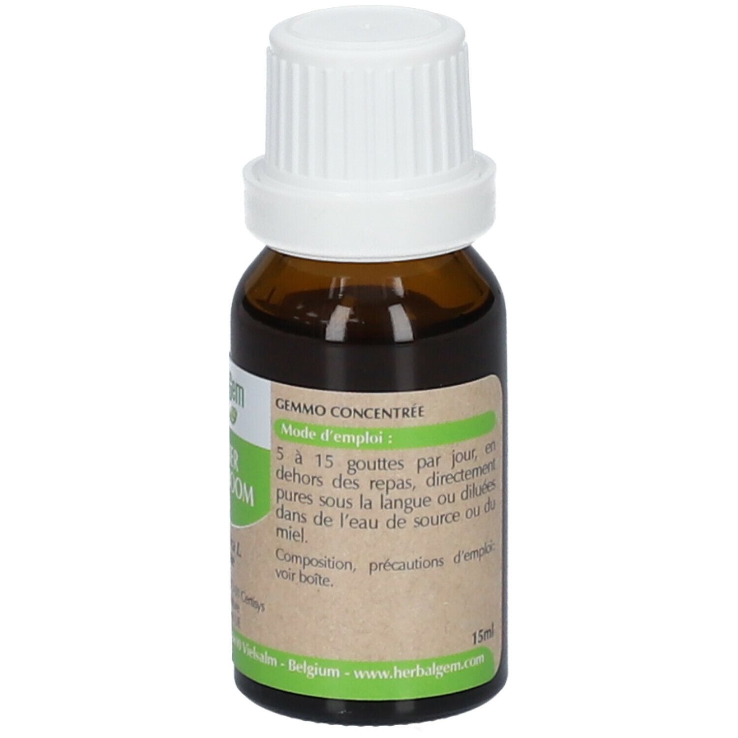 Flacon en verre brun avec bouchon blanc. Étiquette HerbalGem et informations produit. 15ml.