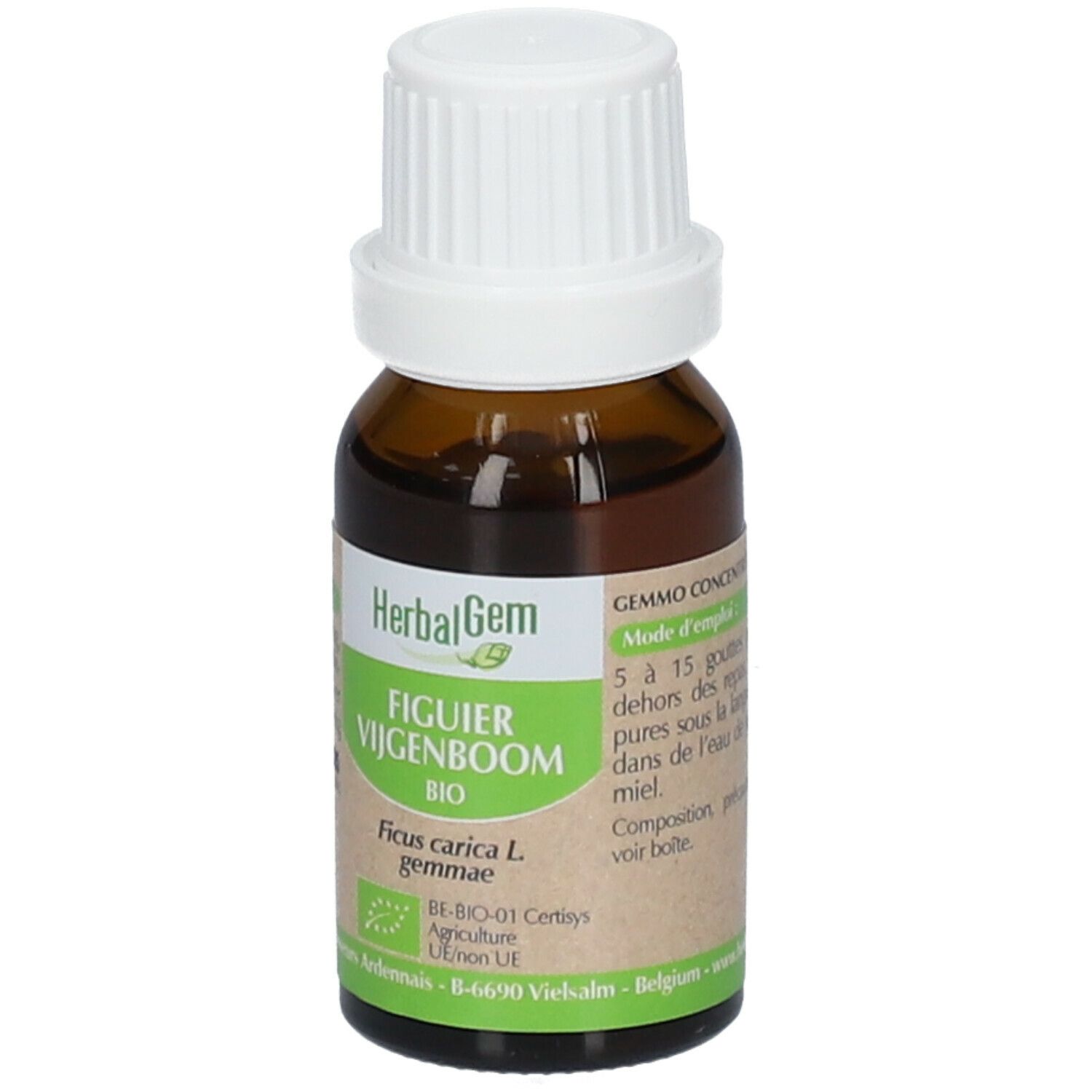 Flacon en verre brun avec bouchon blanc. Étiquette HerbalGem et nom du produit. Certification bio.