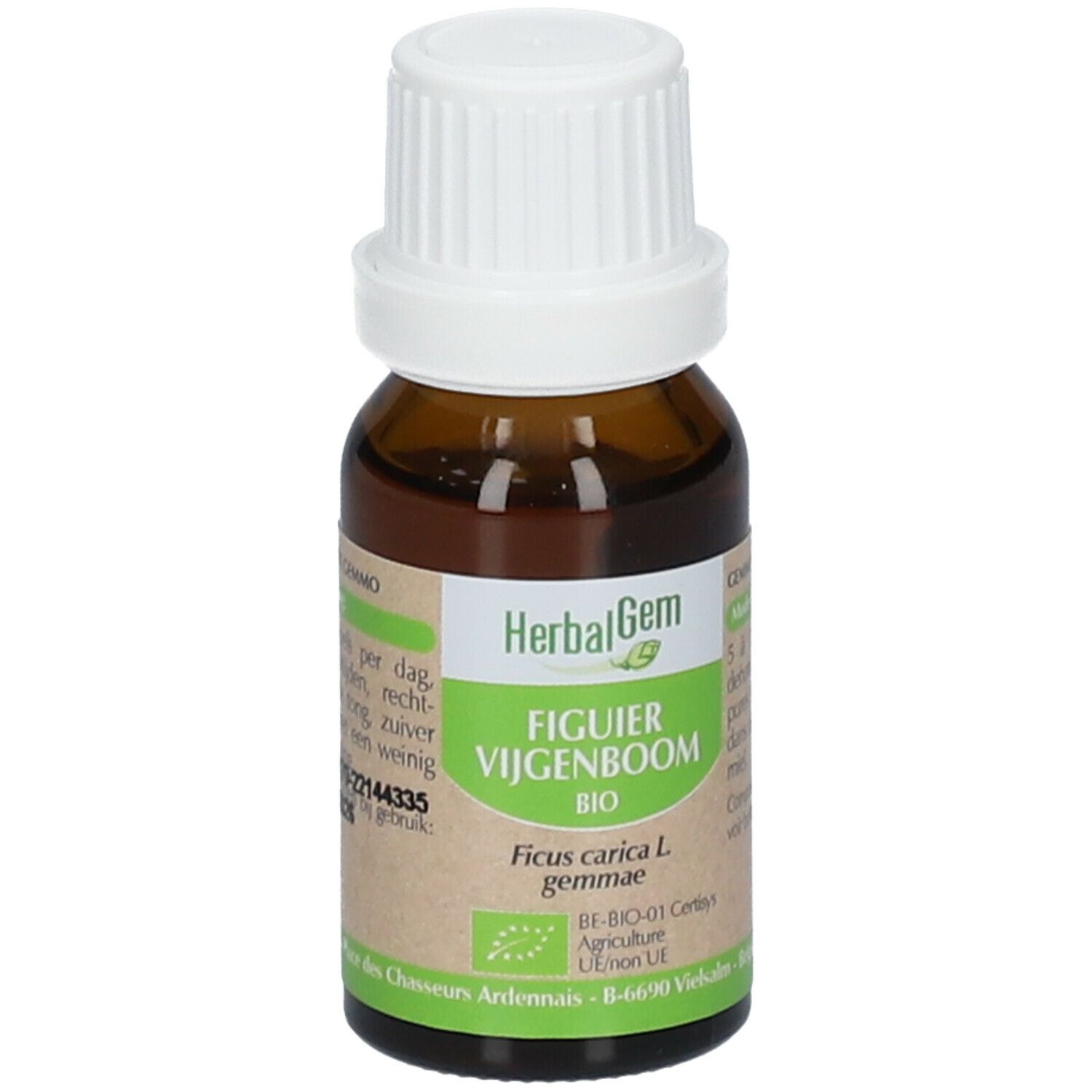 Flacon en verre brun avec bouchon blanc. Étiquette HerbalGem et nom du produit. Certification bio.