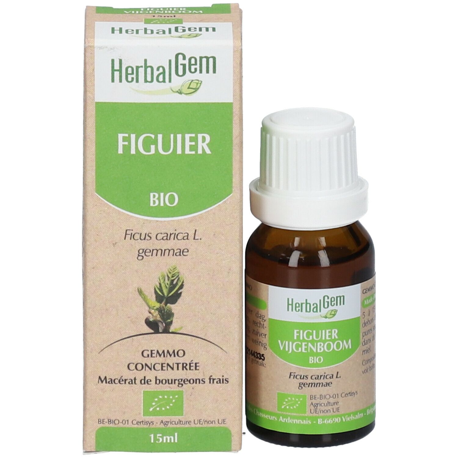 Flacon et emballage. Flacon brun avec bouchon blanc. Boîte avec logo HerbalGem et nom du produit. 15ml.