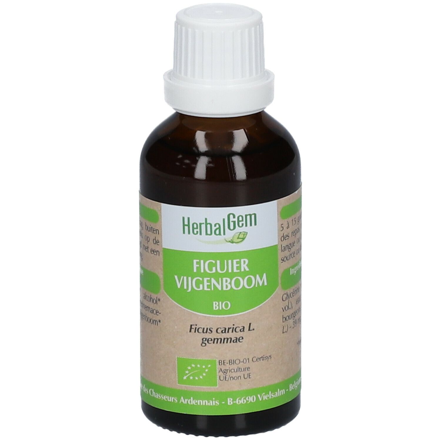 Flacon en verre brun avec bouchon blanc. Étiquette: HerbalGem, Figuier, BIO. Certification.