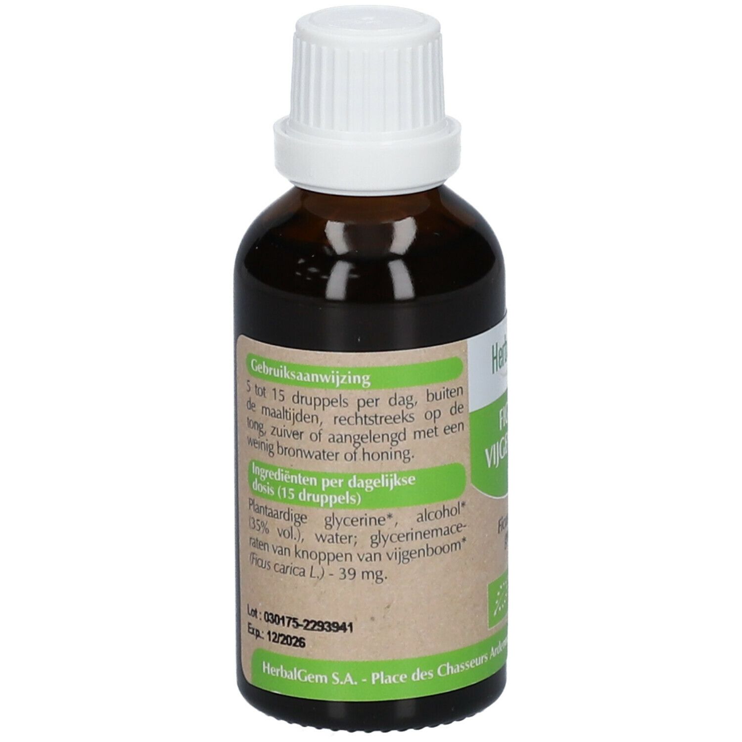 Flacon en verre brun avec bouchon blanc. Étiquette: HerbalGem, Figuier, BIO. Mode d'emploi.