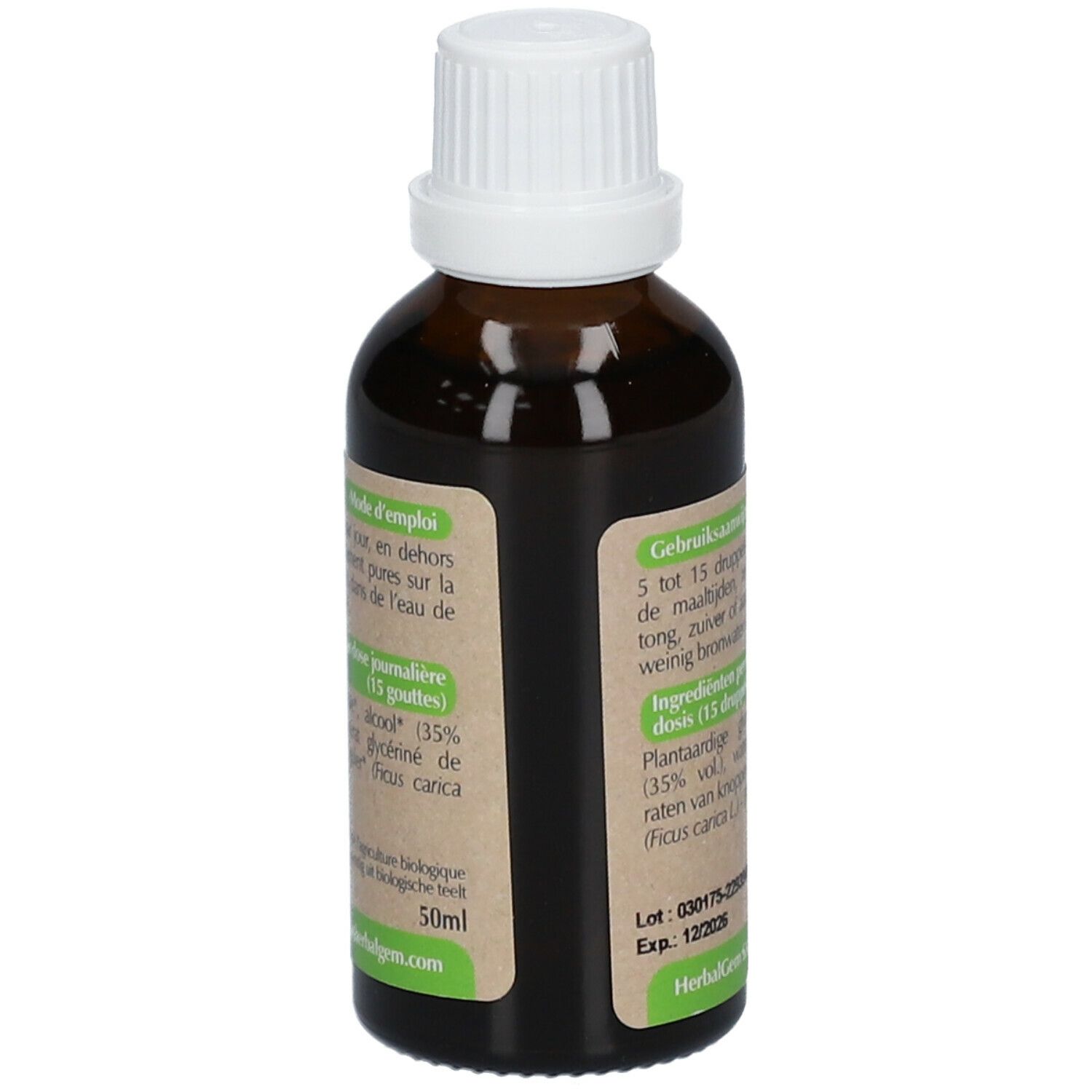 Flacon en verre brun avec bouchon blanc. Étiquette: HerbalGem, Figuier, BIO. Ingrédients, 50ml.