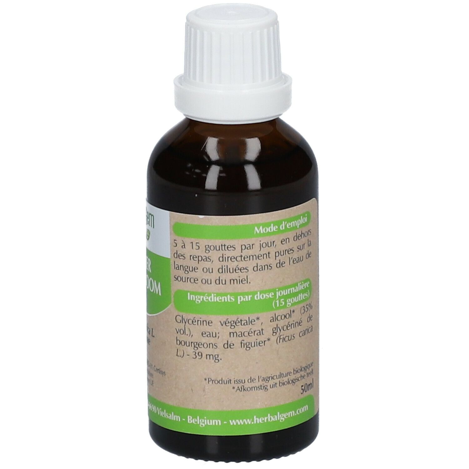 Flacon en verre brun avec bouchon blanc. Étiquette: HerbalGem, Figuier, BIO. Ingrédients, 50ml.