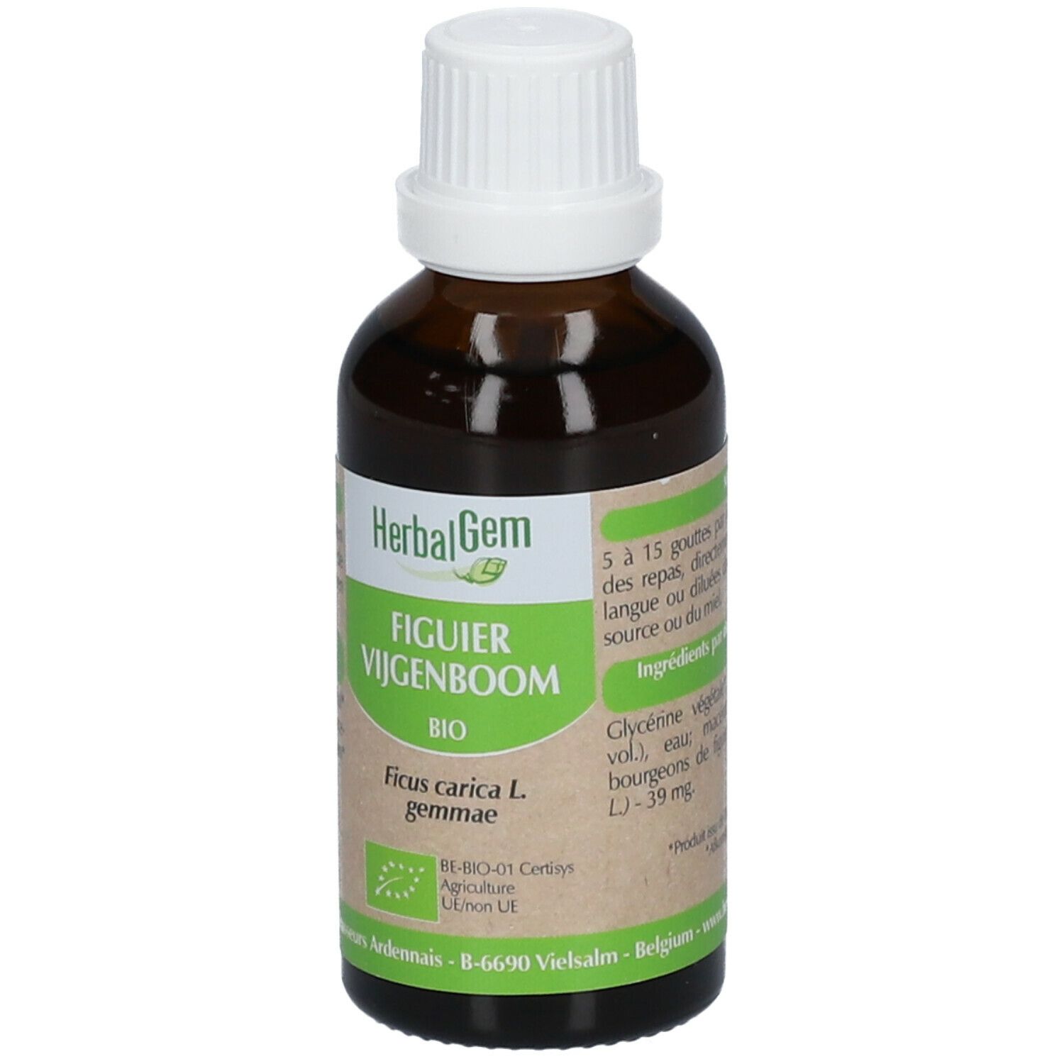 Flacon en verre brun avec bouchon blanc. Étiquette: HerbalGem, Figuier, BIO. Certification.
