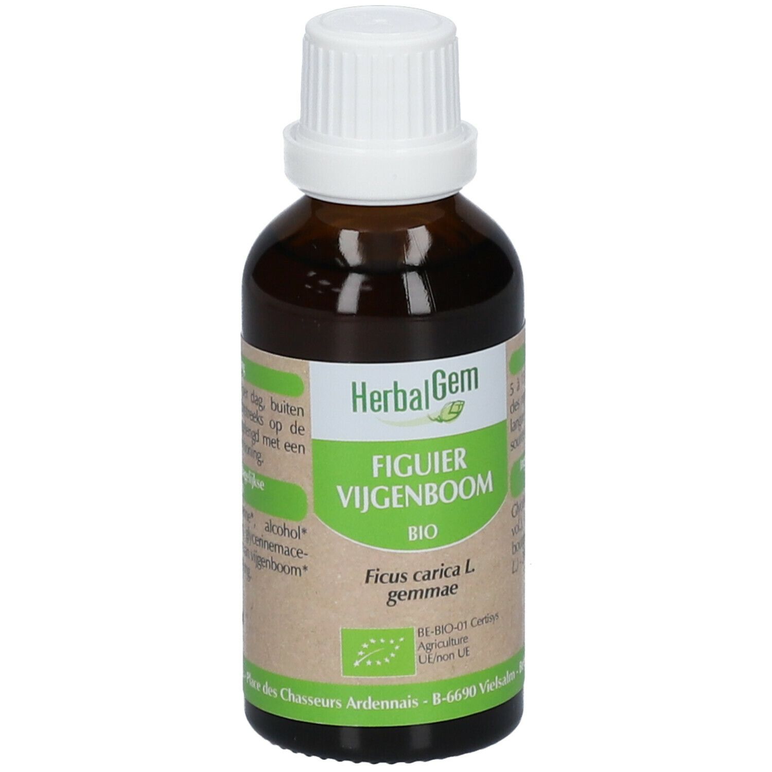 Flacon en verre brun avec bouchon blanc. Étiquette: HerbalGem, Figuier, BIO. Certification.
