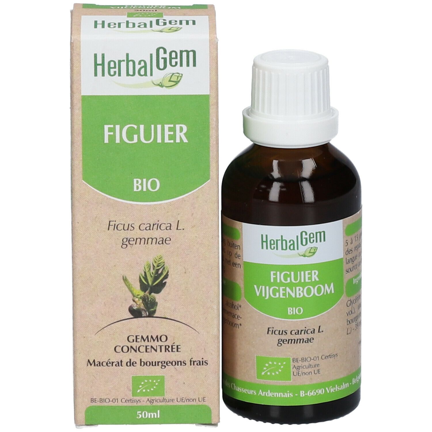 Flacon en verre brun avec bouchon blanc et boîte. Inscription: HerbalGem, Figuier, BIO, 50ml.