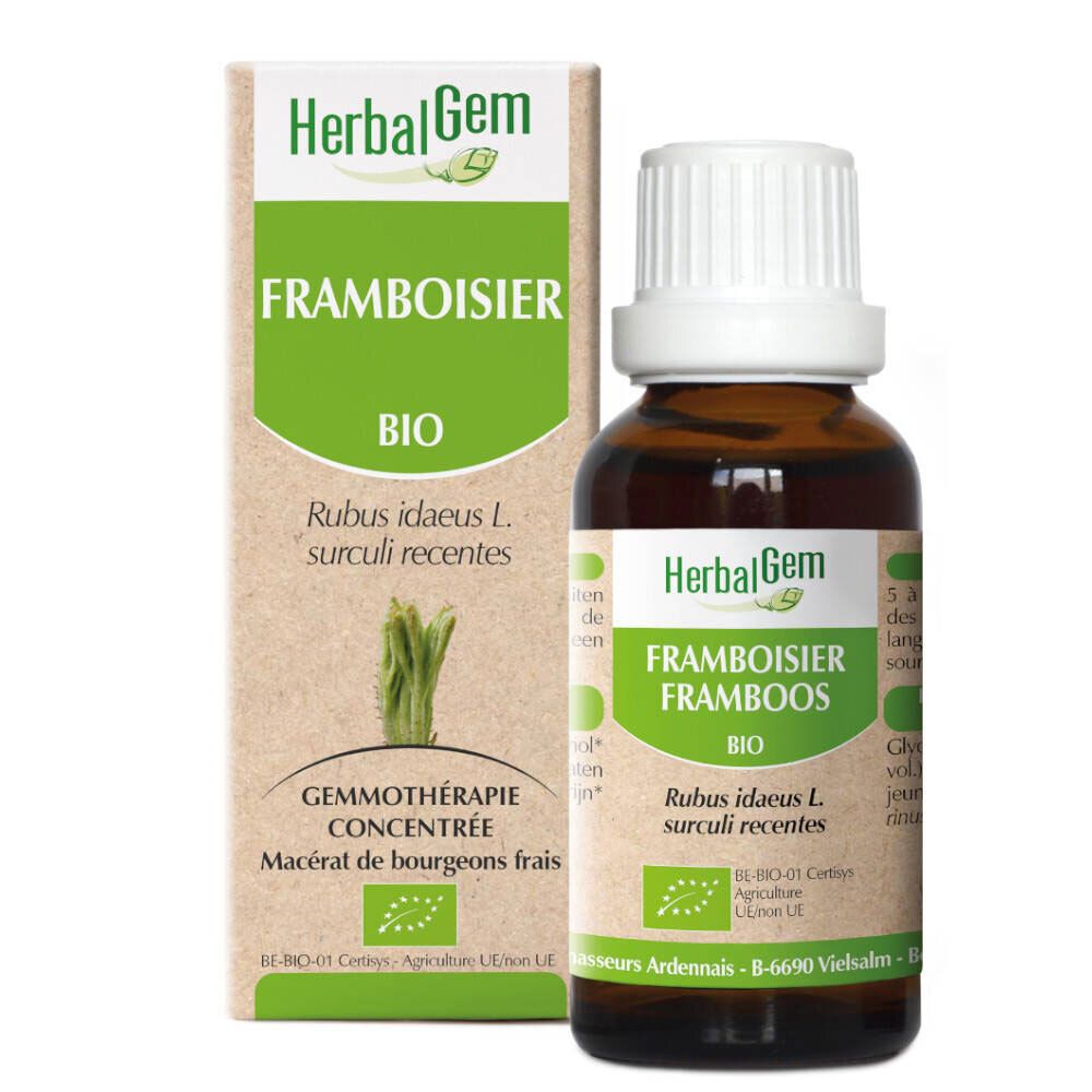 Flacon en verre brun, bouchon blanc, avec étui. Inscription: HerbalGem Framboisier BIO. Label bio.