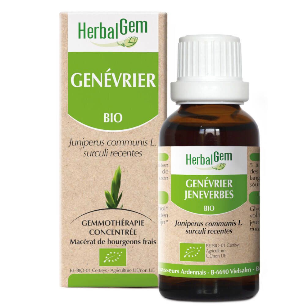 Flacon en verre brun et étui. Inscription: HerbalGem, Génévrier, Bio. Label Bio visible.