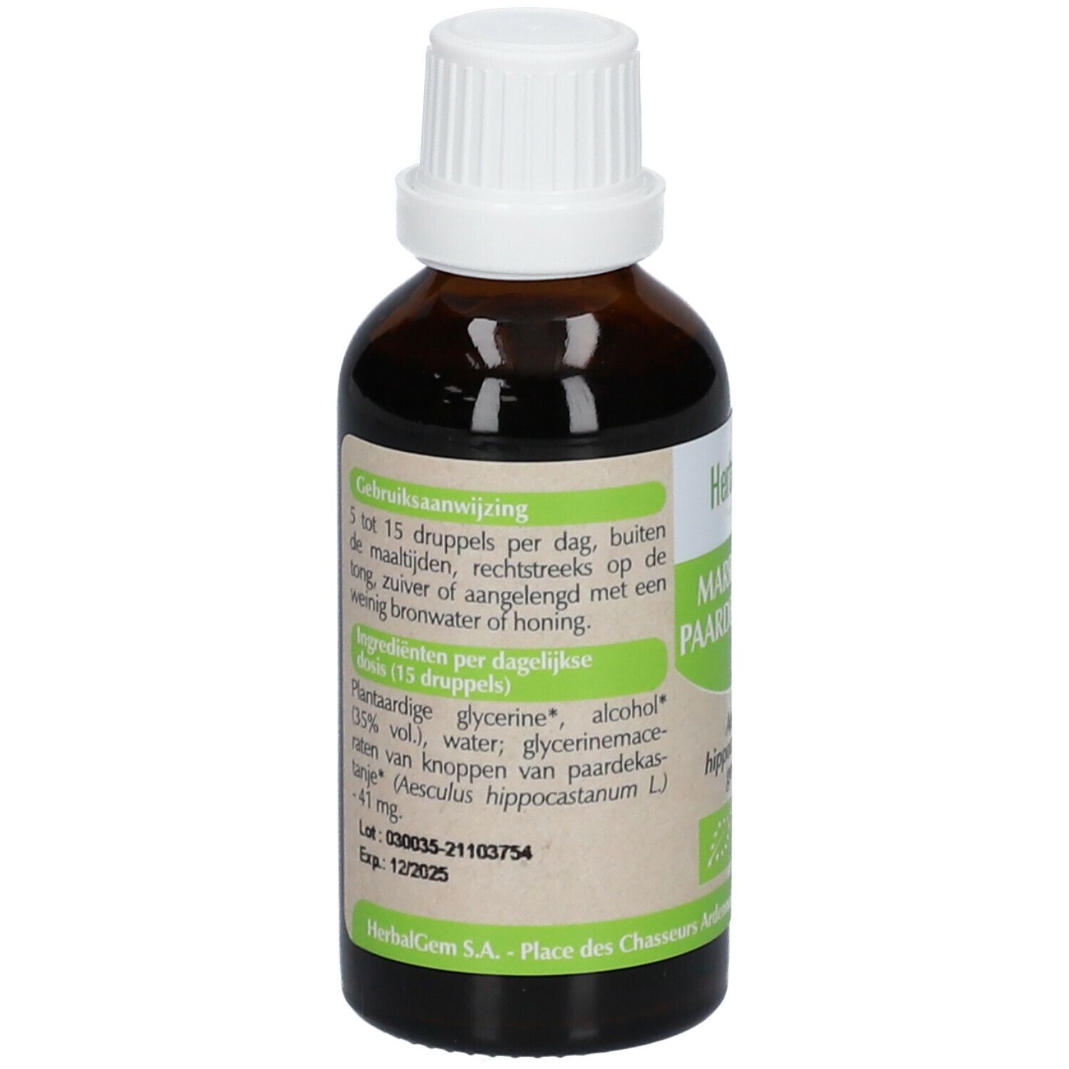 Flacon brun avec bouchon blanc. Étiquette avec informations. HerbalGem. Marronnier Paardekastanje. BIO. Ingrédients, dosage.