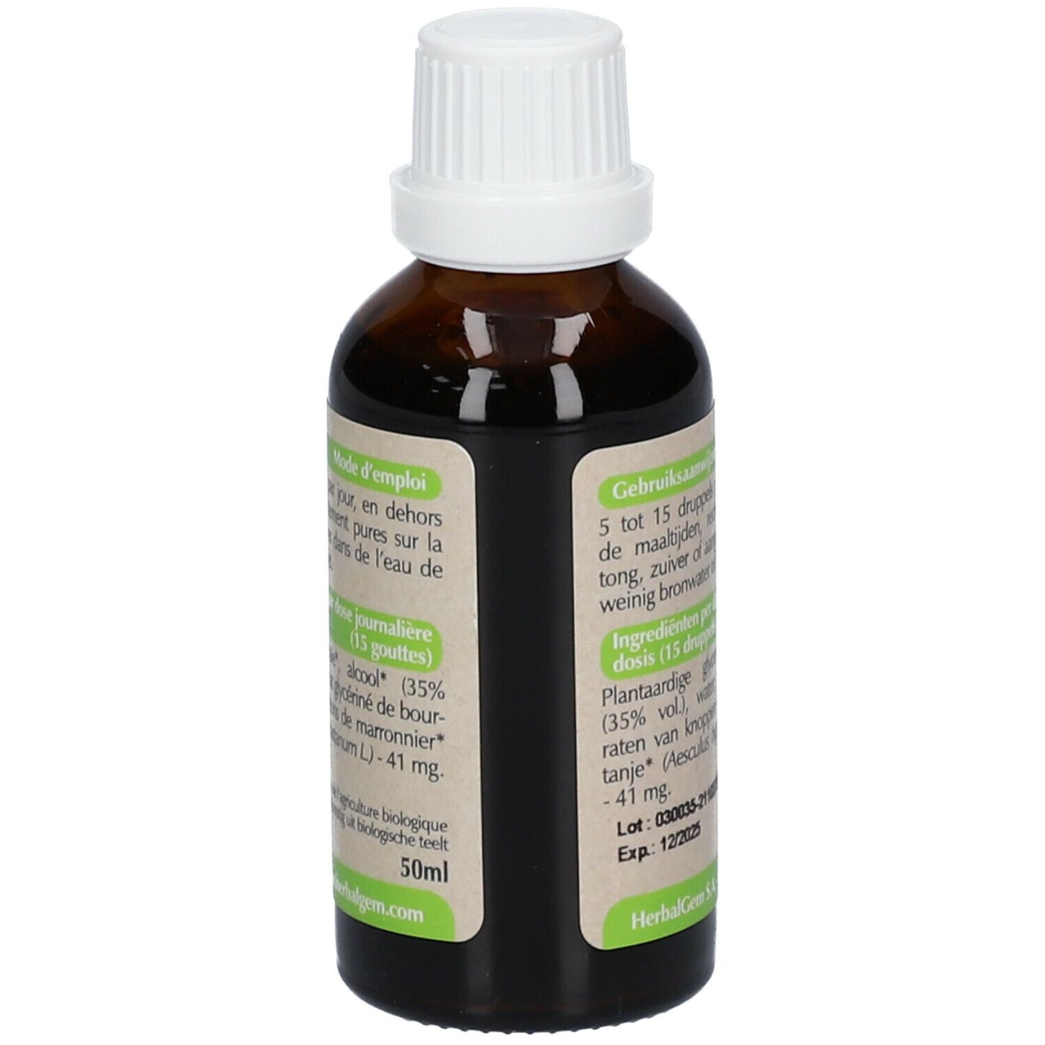 Flacon brun avec bouchon blanc. Étiquette avec informations. HerbalGem. Marronnier Paardekastanje. BIO. 50ml.