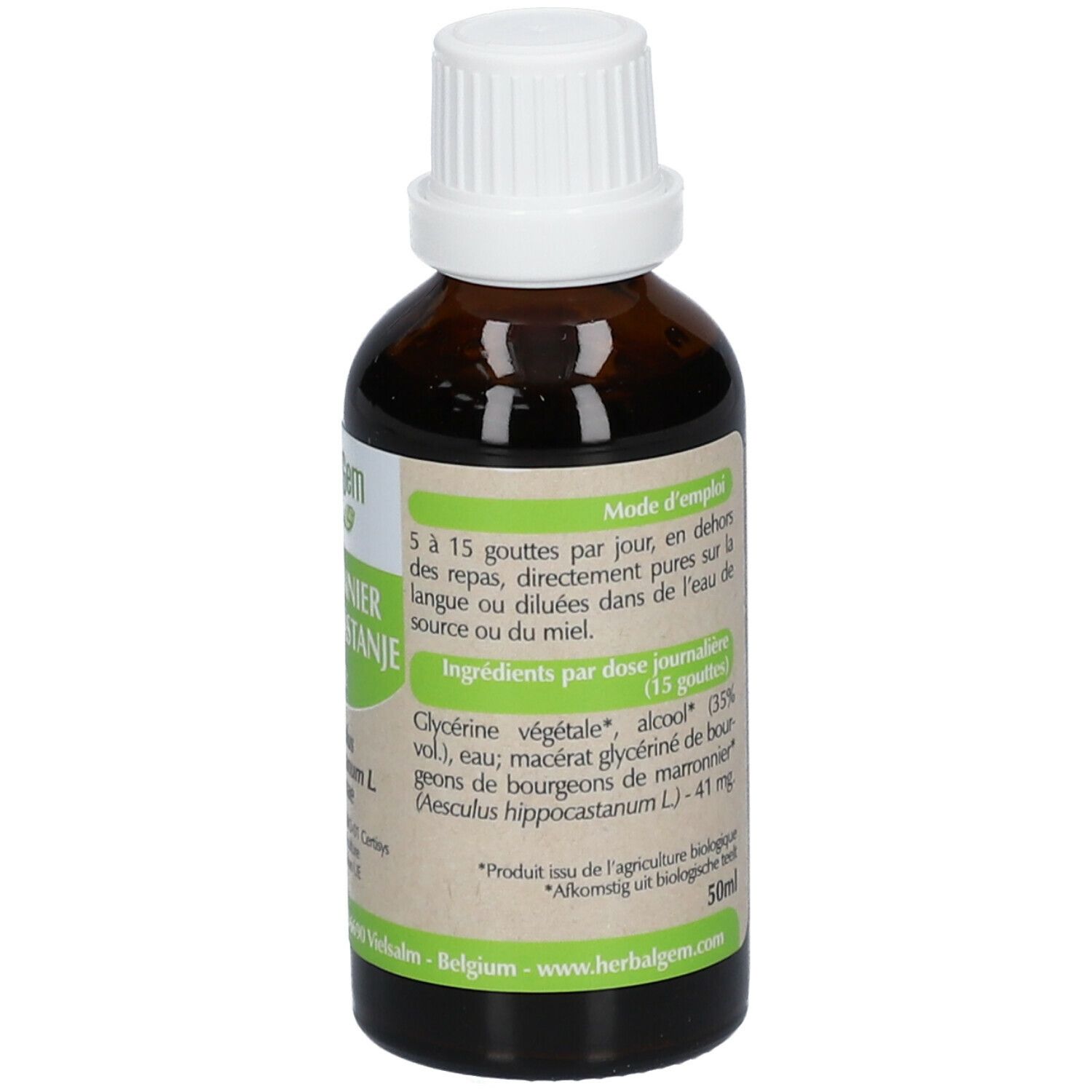 Flacon brun avec bouchon blanc. Étiquette avec informations. HerbalGem. Marronnier Paardekastanje. BIO. 50ml.
