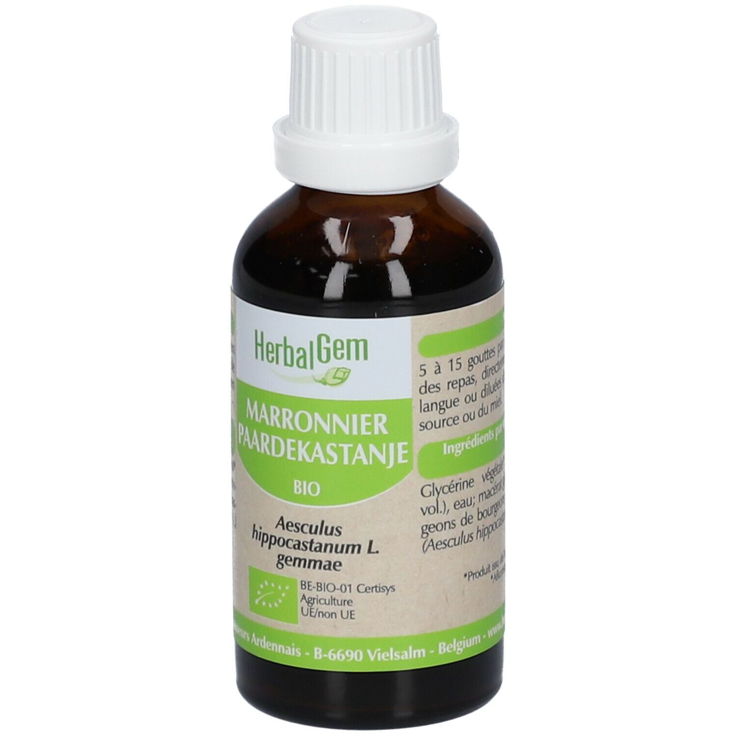 Flacon brun avec bouchon blanc. Étiquette avec informations. HerbalGem. Marronnier Paardekastanje. BIO. 50ml.
