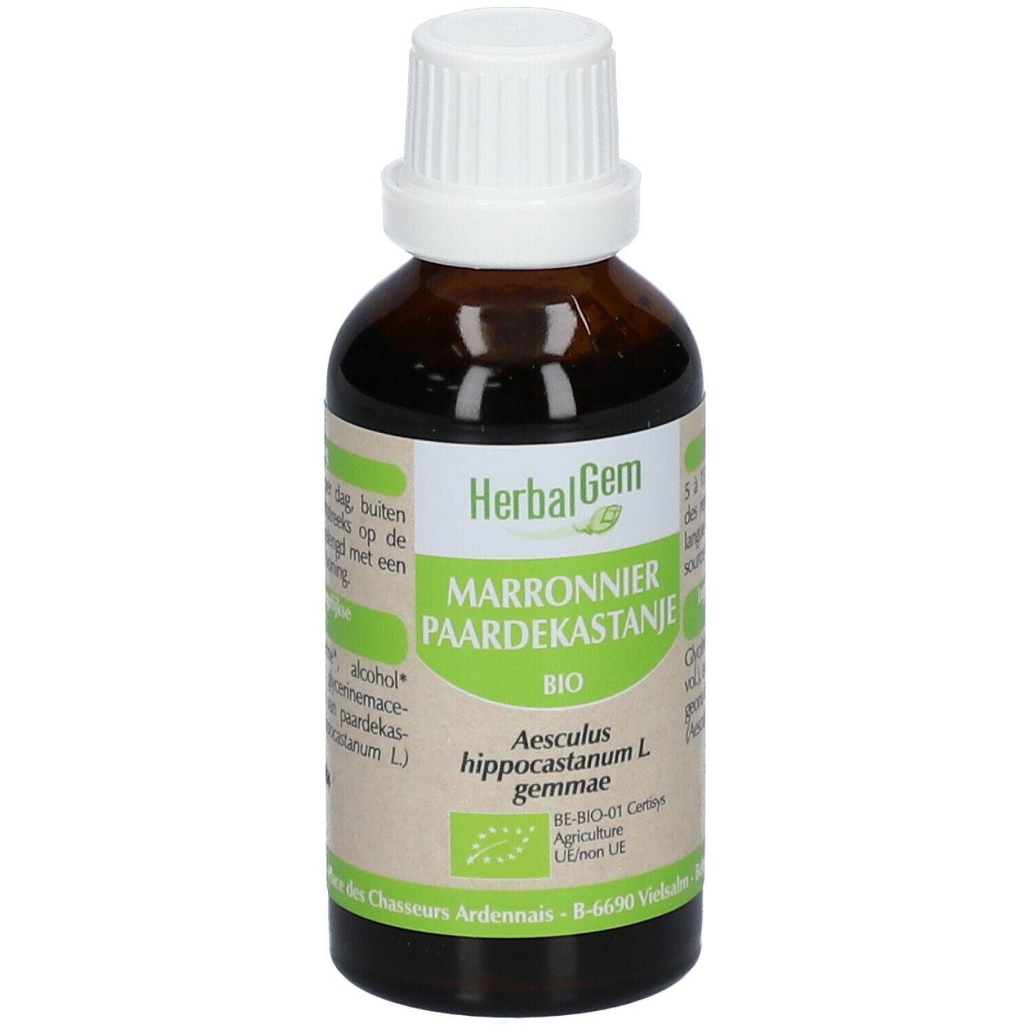 Flacon brun avec bouchon blanc. Étiquette avec informations. HerbalGem. Marronnier Paardekastanje. BIO. 50ml.